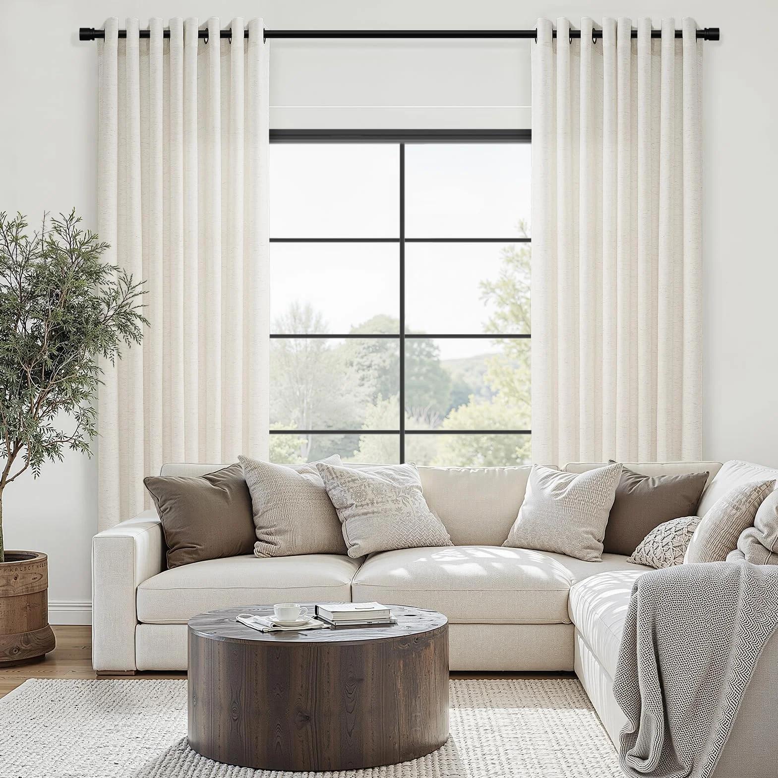 Topfinel Rideau Voilage Lin Coton 140x240cm Beige Semi Occultant à Oeillets 2pcs