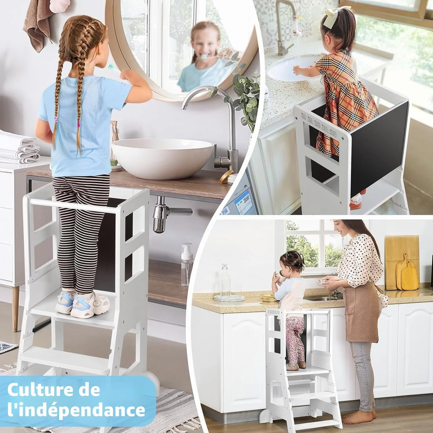 KIDINIX Tour d'apprentissage pour Enfants avec 3 Hauteurs Réglables, Tour d'Observation Montessori, Tableau Blanc Magnétique & Tableau Noir Amovible avec Craies à Partir de 18 Mois, Blanc