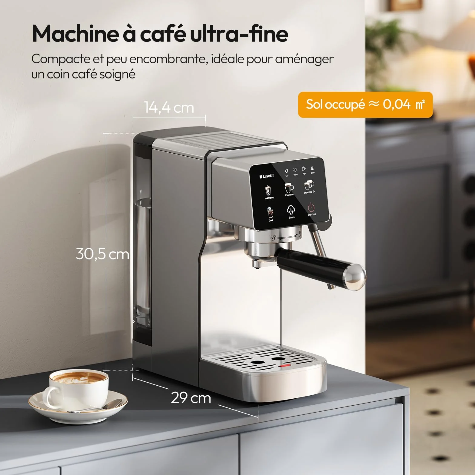 LLIVEKIT Machine à Café Expresso 20 Bars, Mousseur à Lait Intégré, Extraction Chaude & Froide, Double Mode Capsules/Poudre, Réservoir 1,2L, Écran Tactile LED, Acier Inox