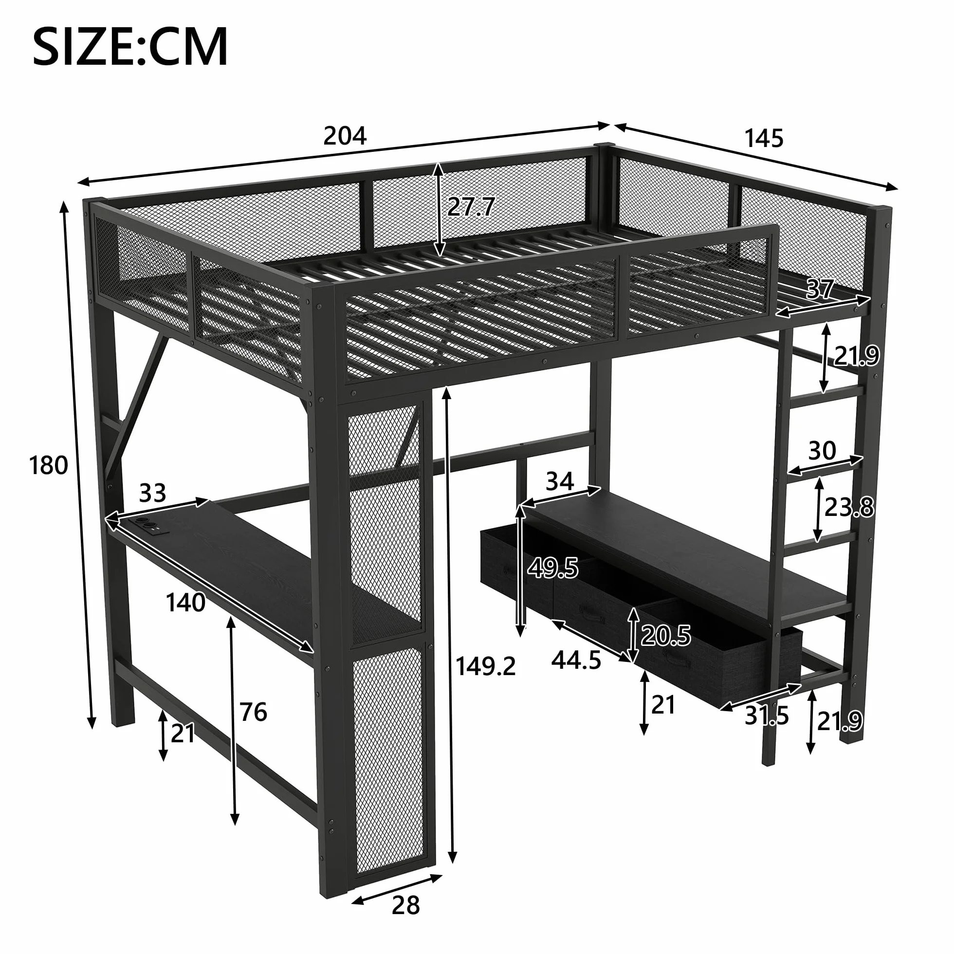 Sapgaks Lit Mezzanine 2 Places 140x200 avec LED et USB, Lit Enfant en Métal avec Bureau et Armoire Ouverte, Lit Mezzanine Enfant avec 3 Tiroirs à Linge, Lit 140x200 avec Rambarde, Noir