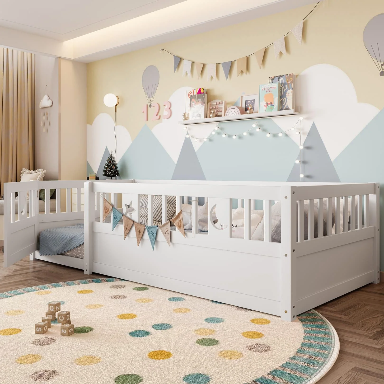 PUGSDRLY Lit Cabane Enfant 90x190cm avec Barriere et Serrure,Lit Montessori au Sol sans Sommier à Lattes,Cadre en Bois de Pin pour Enfant,Blanc,sans Matelas (90-A)