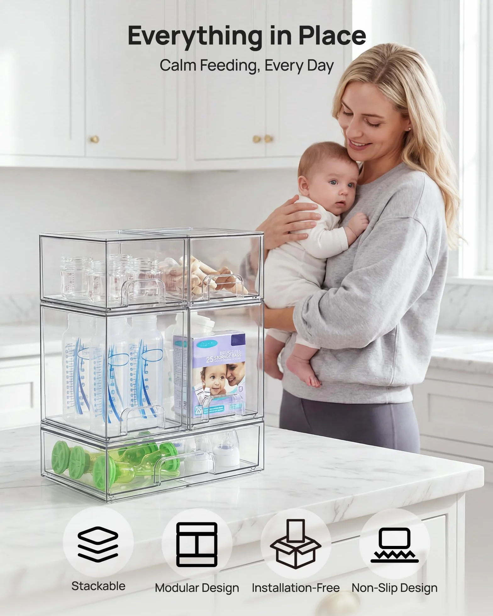 Vtopmart – Lot de 5 tiroirs de rangement empilables, bacs de rangement en plastique transparent pour biberons de bébé, produits de beauté, idéal pour le comptoir de cuisine, vanité, salle de bain