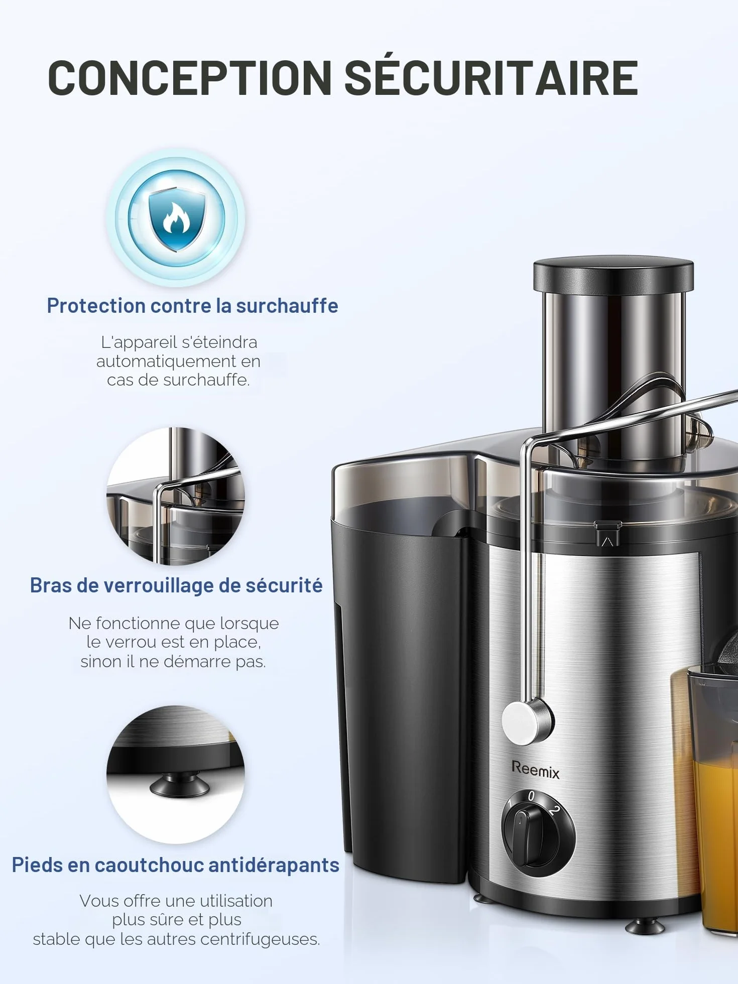 Reemix Centrifugeuse Extracteur de Jus, Centrifugeuse Fruits et Legumes à 2 Vitesses, 65 MM Large Bouche, Pieds Antidérapants, Brosse de Nettoyage Incluse (Noir, 800W)