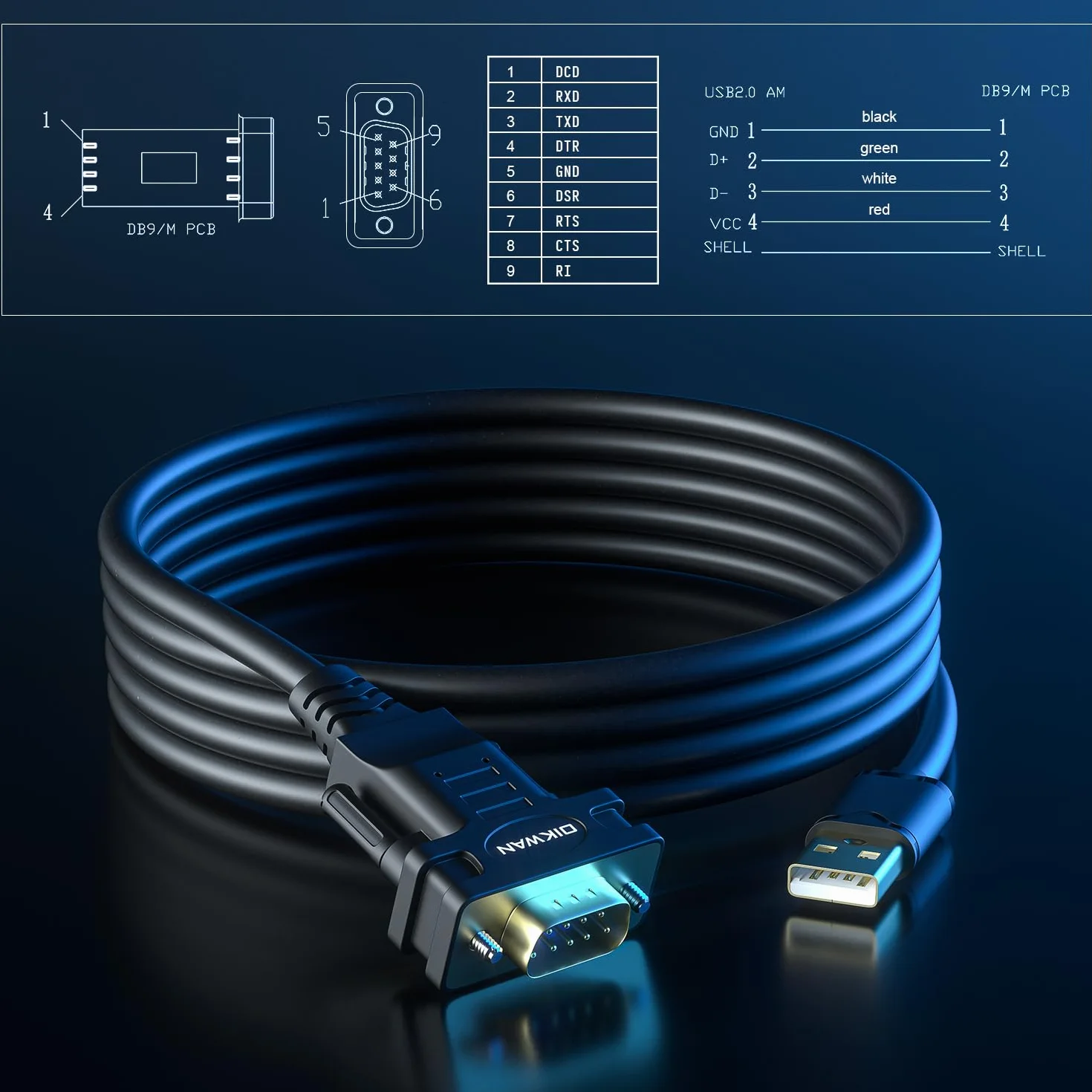 Adaptateur USB à RS232, câble série DB9 mâle FTDI 6ft pour Windows 11, 10, 8, 7, Linux, Mac OS