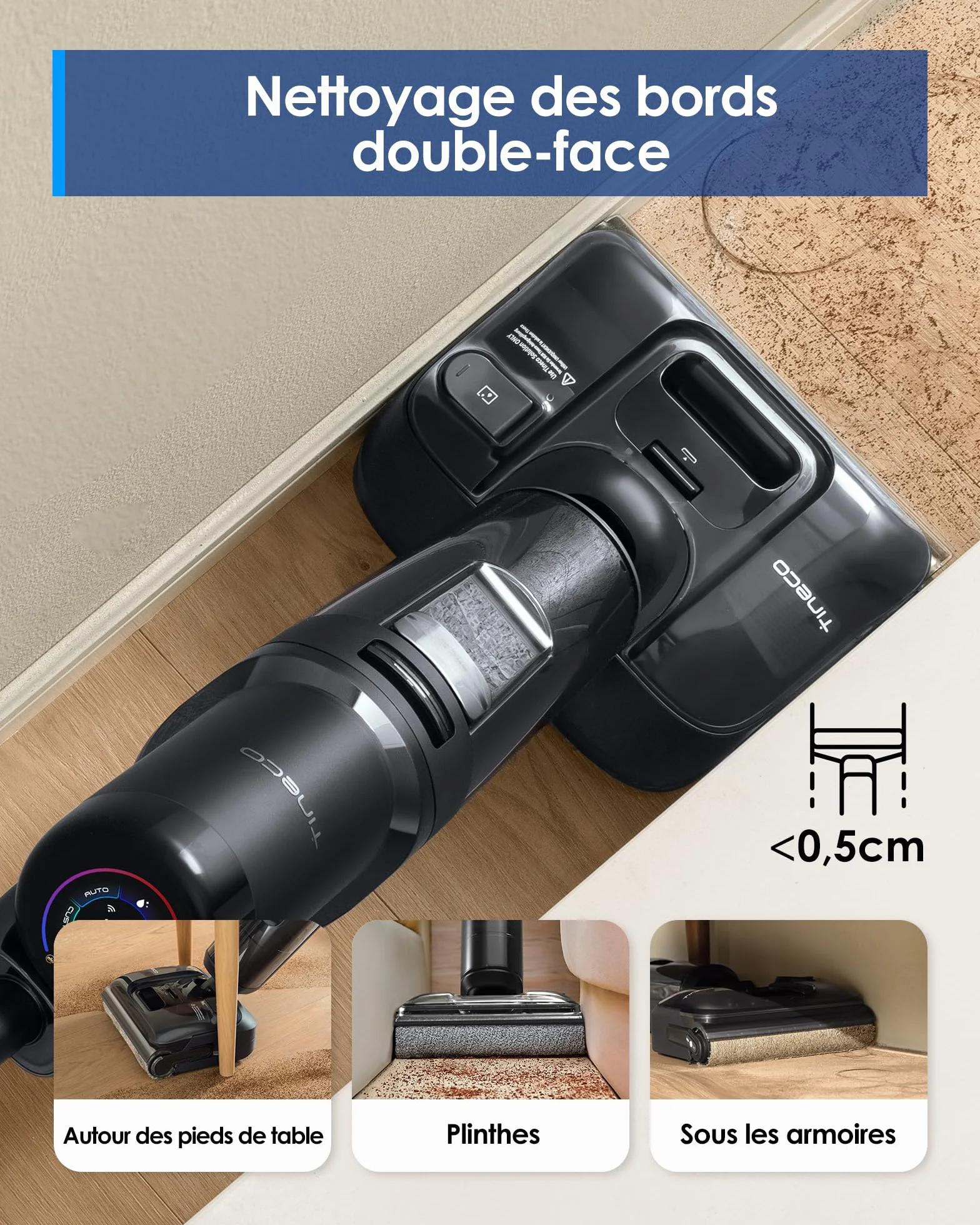Tineco Floor One S7 Stretch Ultra Aspirateur Laveur Balai sans Fil Anti-emmêlage Plat 180° Autonomie 50 Minutes Auto-Nettoyage Flashdry 85°C