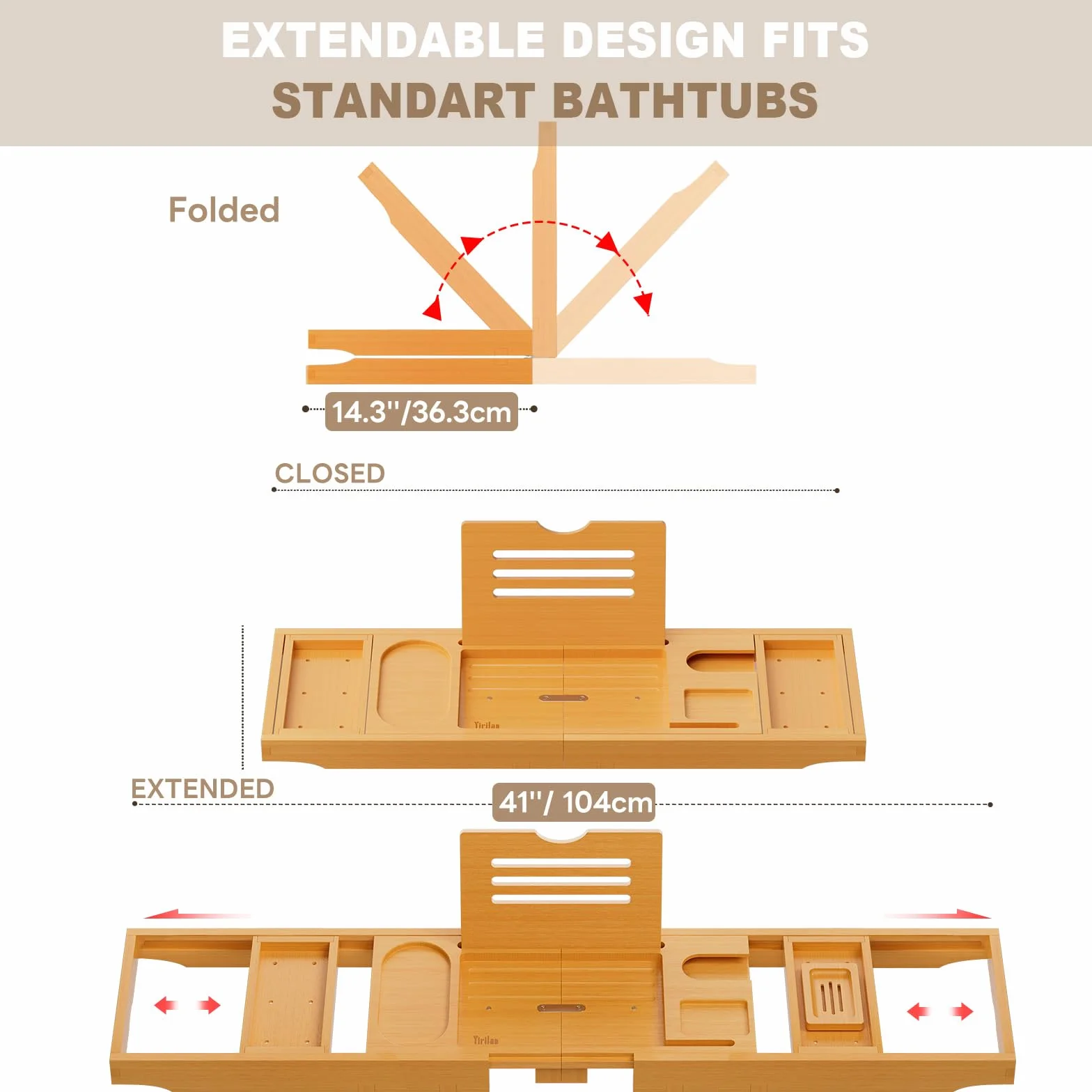 Plateau de baignoire en bambou pliable 100 cm réglable avec serre-livres porte-savon
