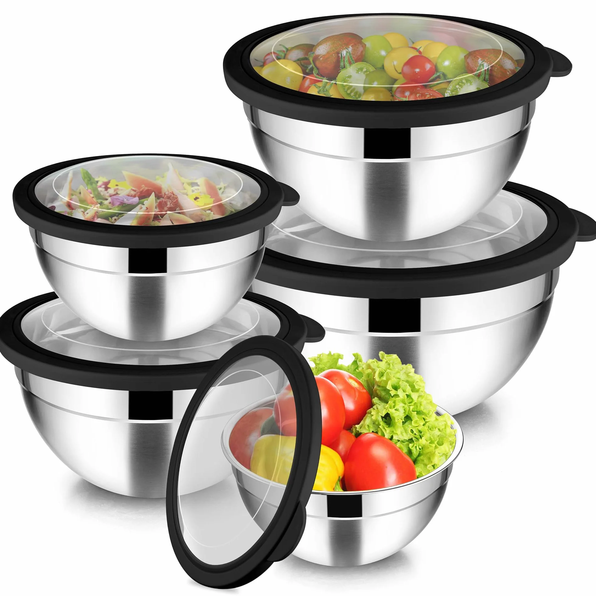 Joyfair Lot de 5 bols mélangeurs en acier inoxydable avec couvercle hermétique transparent, 4,5 l, 2,7 l, 1,5 l, 1,2 l, 0,7 l, saladiers empilables pour servir, cuisiner, cuire au four, passe au