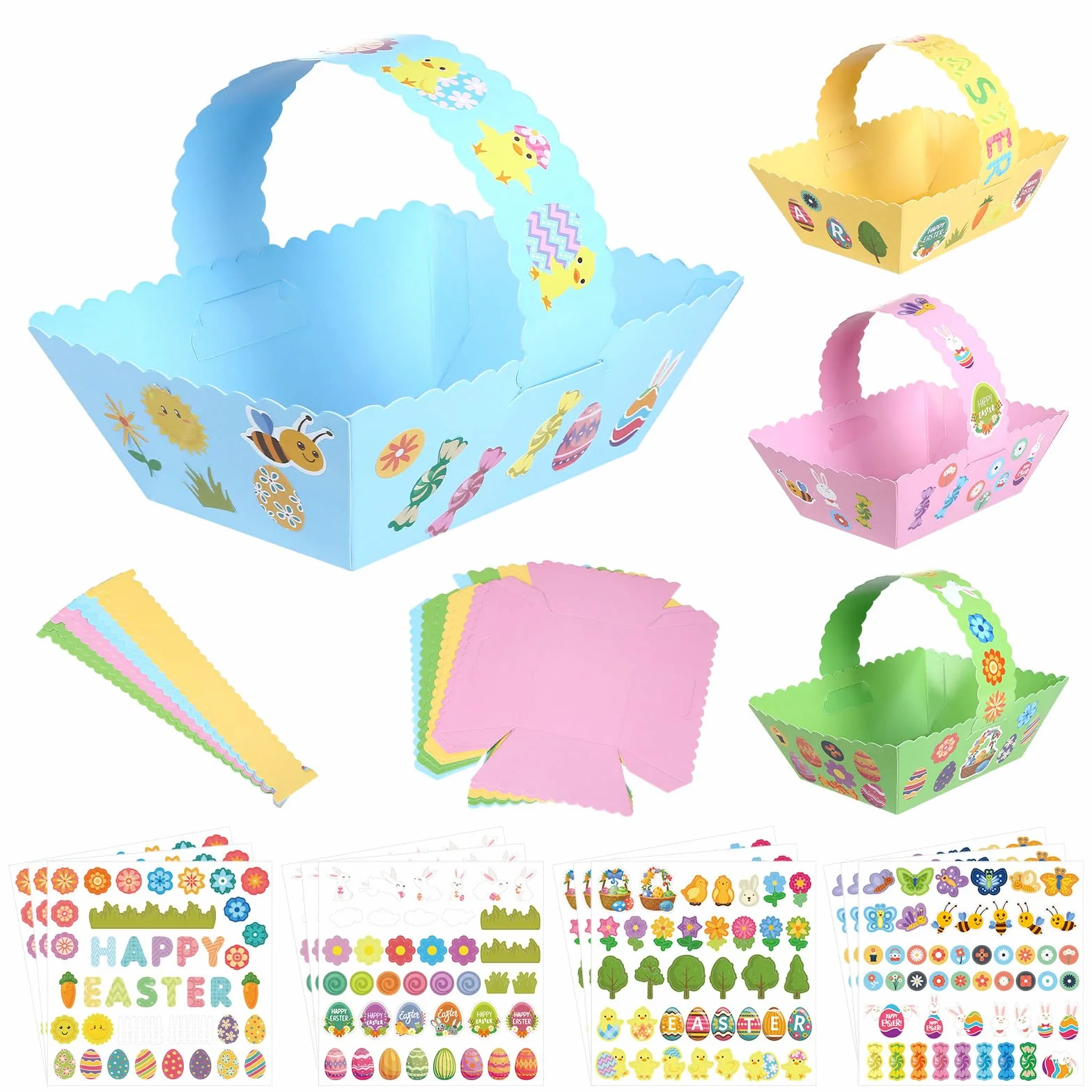LIHAO 12 Paniers de Pâques en Papier à Assembler avec Autocollant, Kit Chasse aux Oeufs pour Enfant