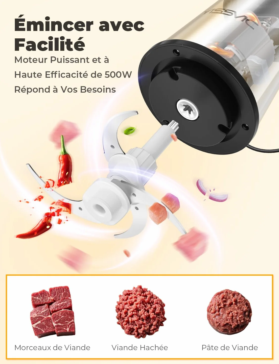 YISSVIC Hachoir Électrique 500W Mixeur Hachoir avec 2x4 Lames Bol Acier 2L Anneau Antidérapant 2 Vitesses Réglable Compatible Lave-Vaisselle Convient aux Fruits, Légumes, Viandes et Épices