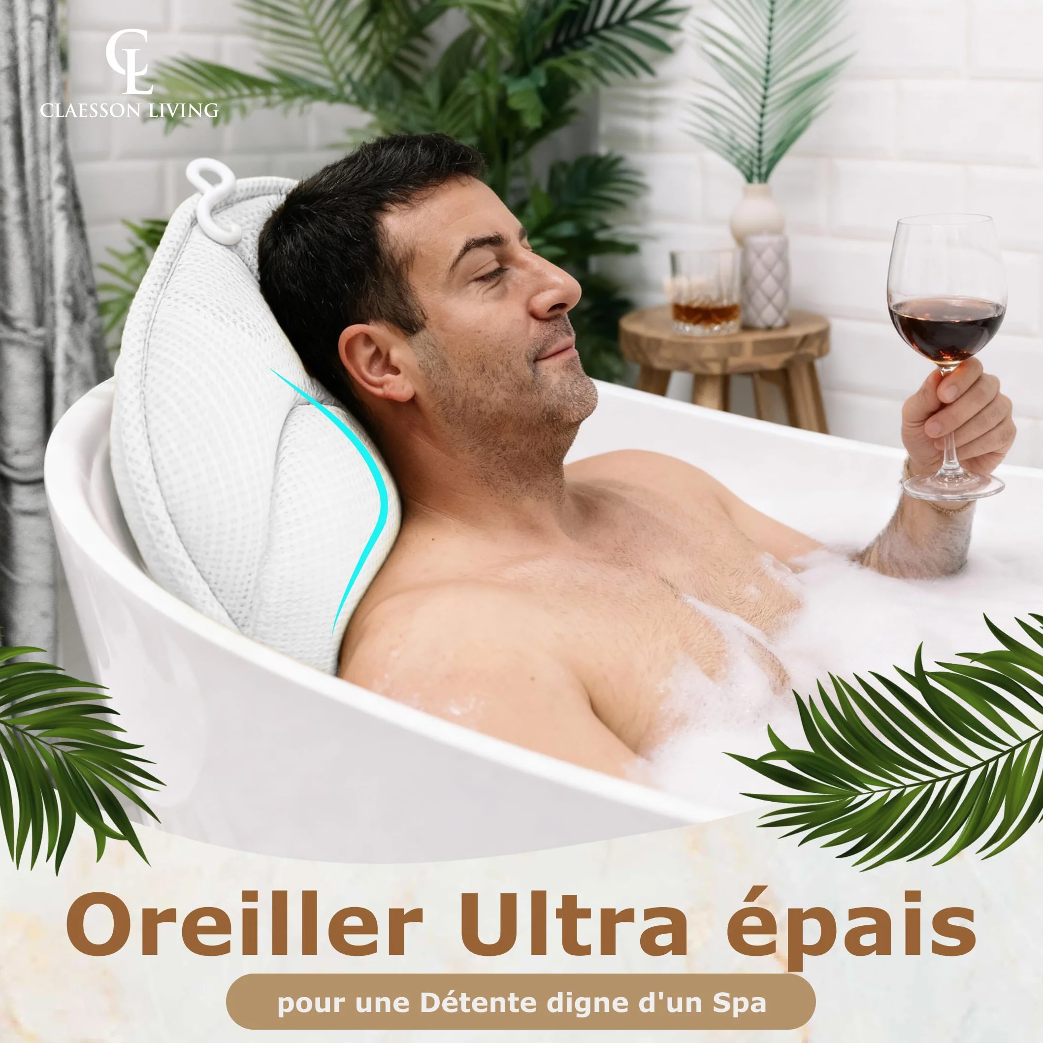 Coussin Baignoire Corps Complet Claessonliving (152x56cm) - Matelas de Bain avec appuie-tête (11cm) & Supports Corps - Coussin Baignoire Adulte - Oreiller Baignoire - Sacs de Lavage Inclus - Blanc