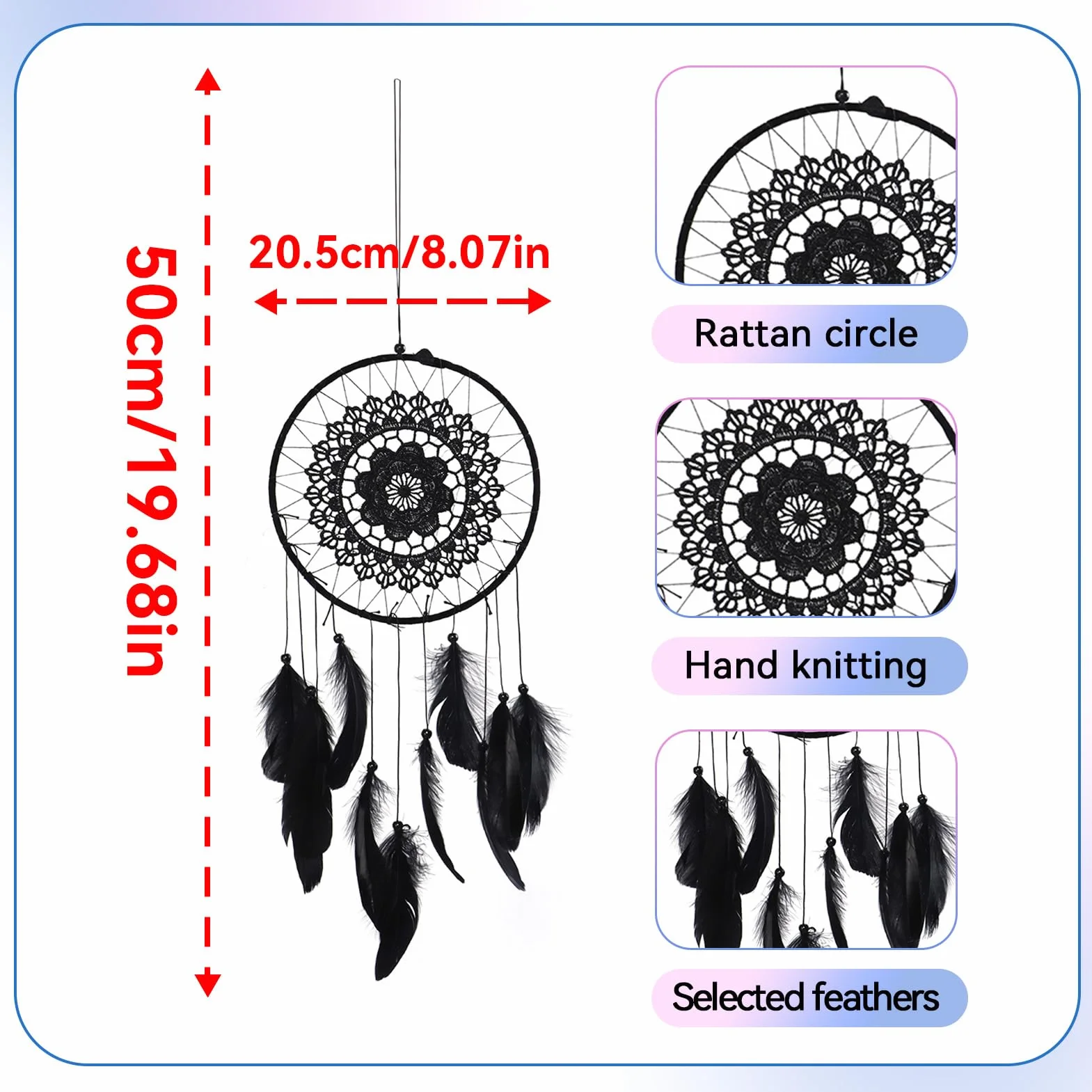 Attrape-Rêves Noir à Plumes Fait Main 20.5 cm Décor Rétro Romantique
