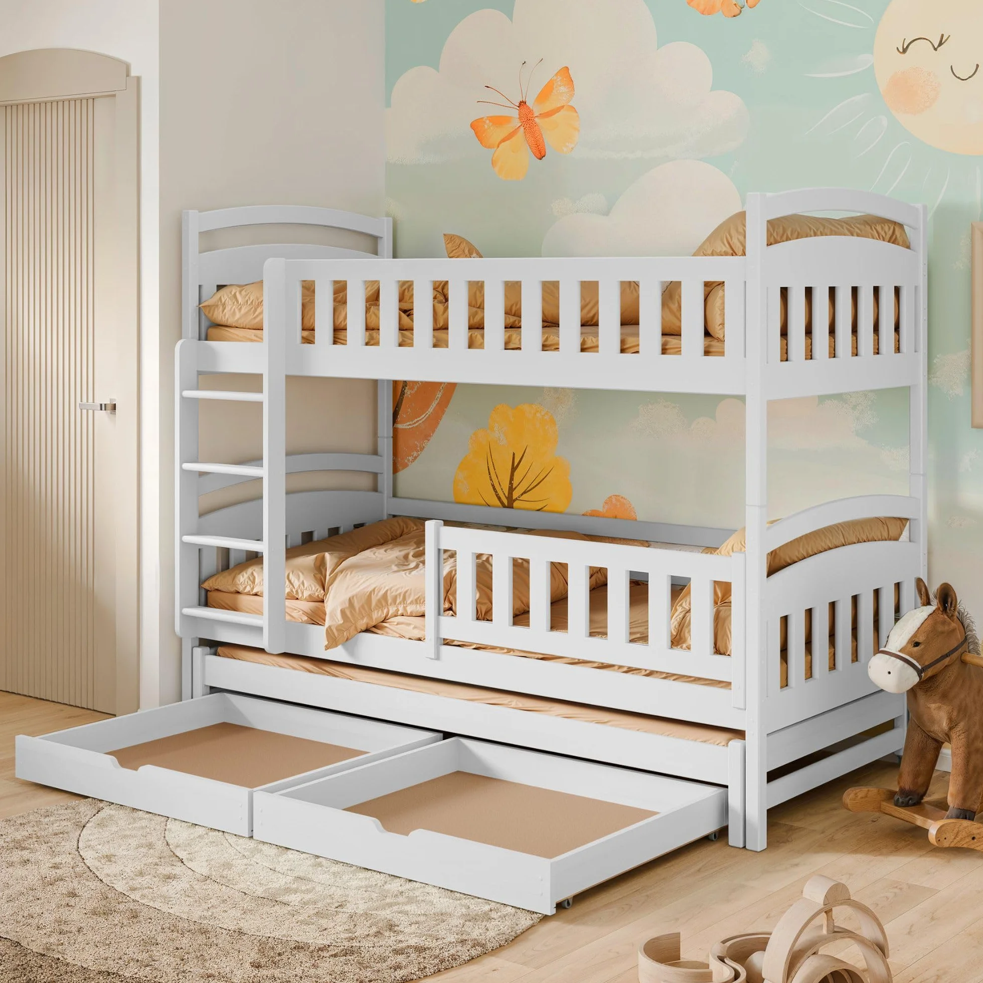 Kids Collective Lit superposé 90x200 pour Enfants et Adolescents – 3 couchages avec barrière de sécurité et tiroirs, Convertible en 3 Lits Simples | de 4 à 16 Ans | sommiers Inclus | Blanc