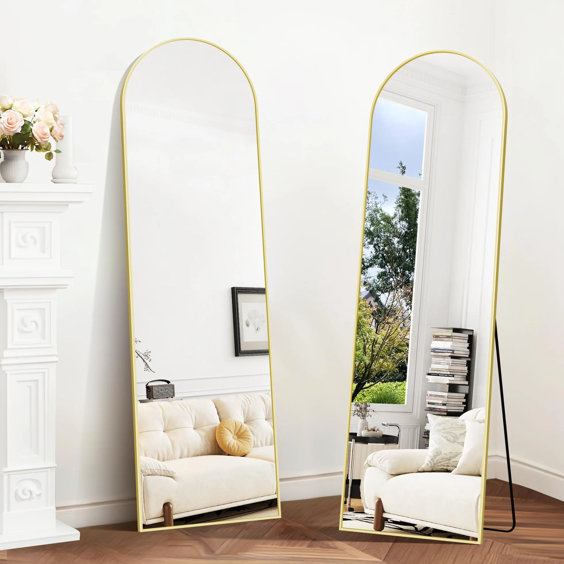 Grand Miroir sur Pied 150 x 40 cm, Miroir Arqué Pleine Longueur Cadre Aluminium Or pour Chambre, Entrée, Couloir