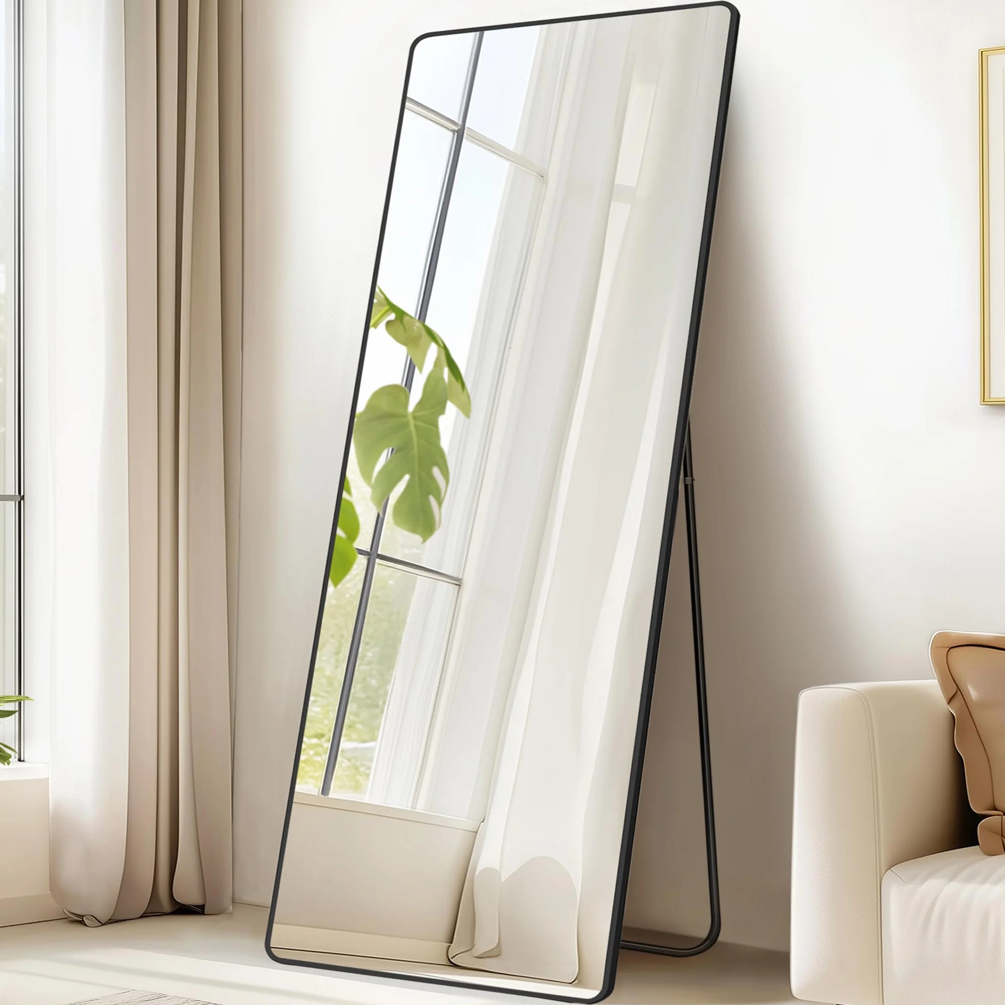 SONGMICS Miroir Intégral 165 x 50 cm Miroir Rectangulaire sur Pied Cadre en Alliage d’Aluminium Verre Trempé Noir d’Encre LFM030B01