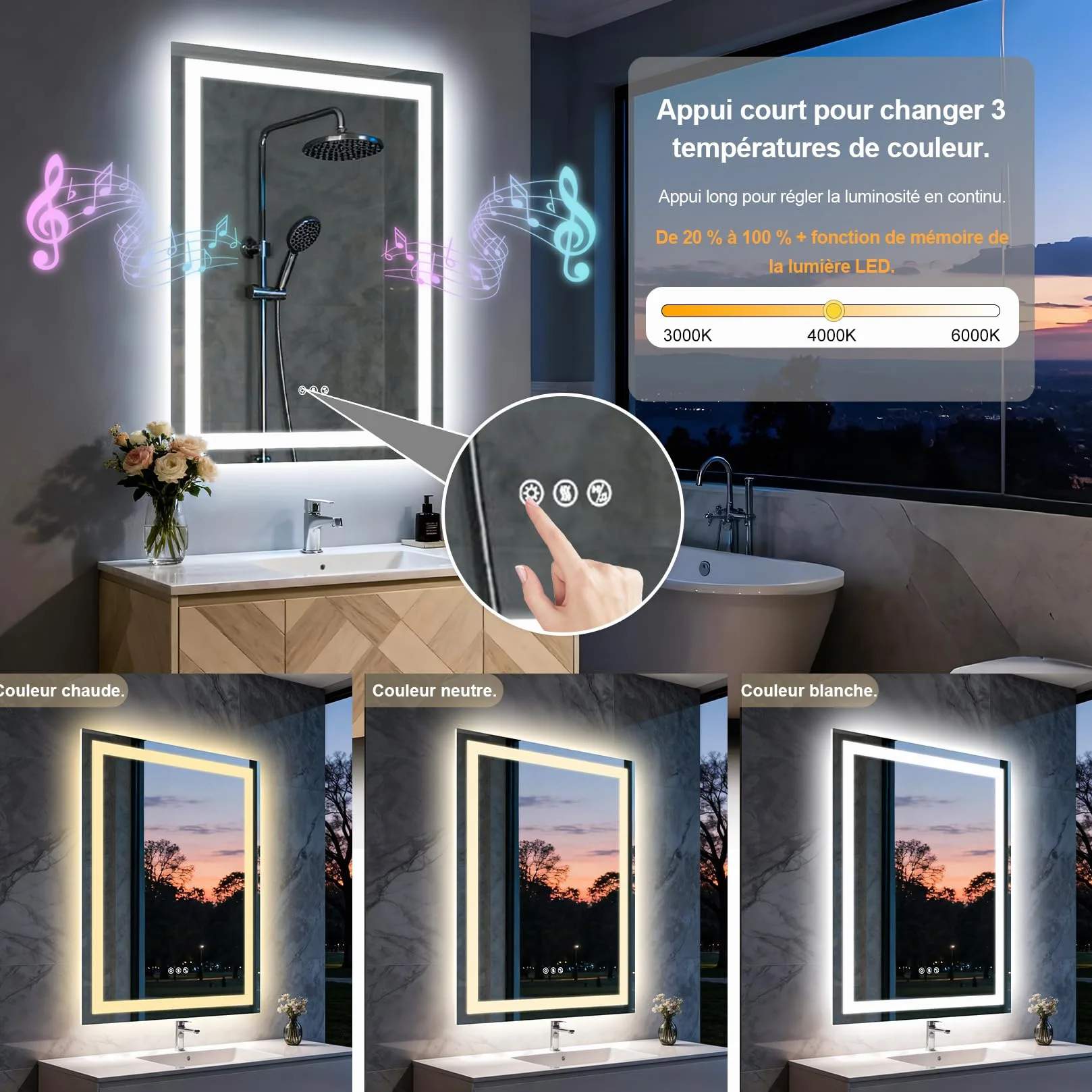 Miroir de Salle de Bain LED avec lumières 60x80cm,Double Haut-Parleur Bluetooth,Anti-buée,3 températures de Couleur,luminosité à intensité Variable,Fonction mémoire,étanche,Support Mural