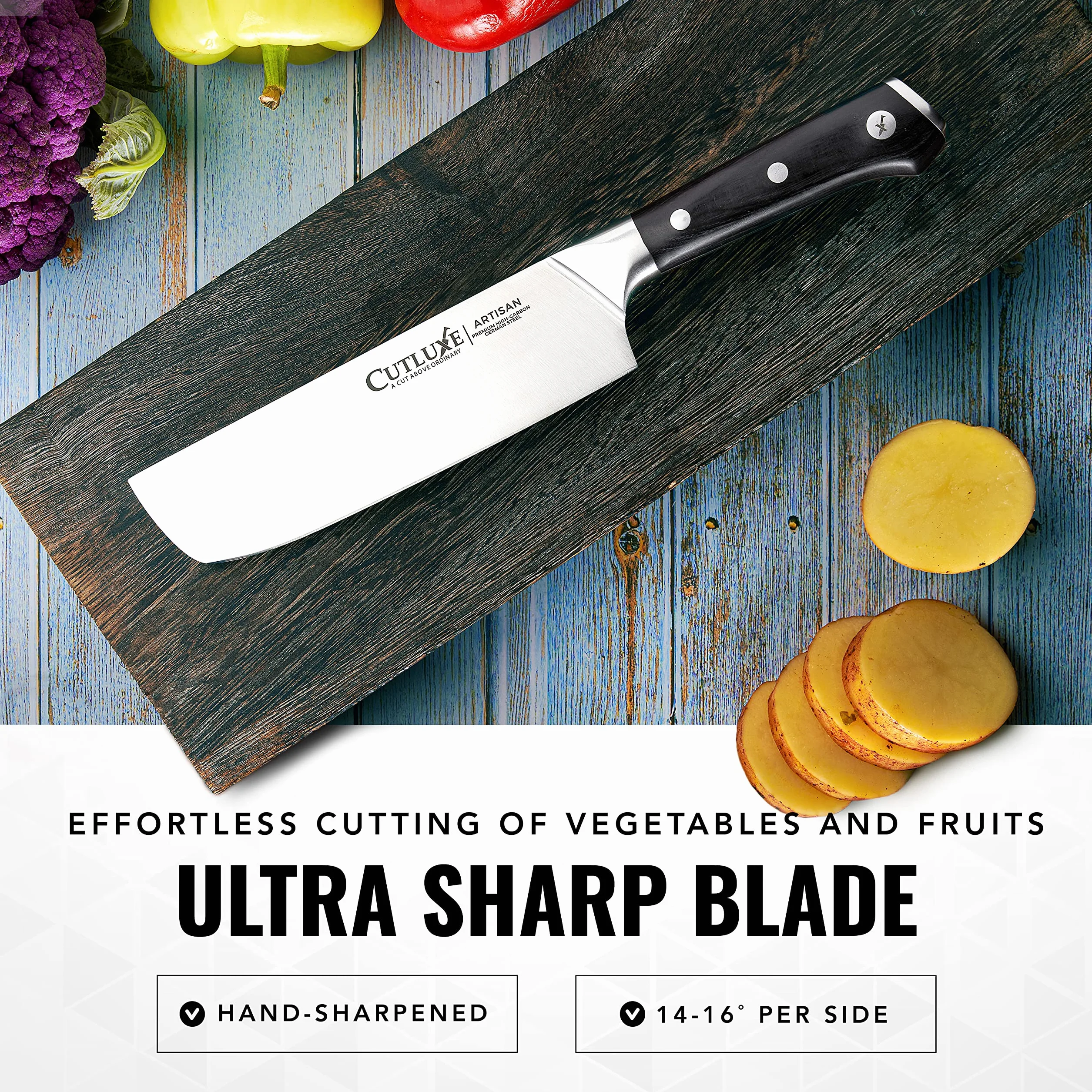 Cutluxe Couteau Nakiri - Couteau Japonais 18 cm, Couteau de cuisine professionnel pour hacher, découper et trancher - Tranchant rasoir & soie complète - Design ergonomique du manche - Série Artisan