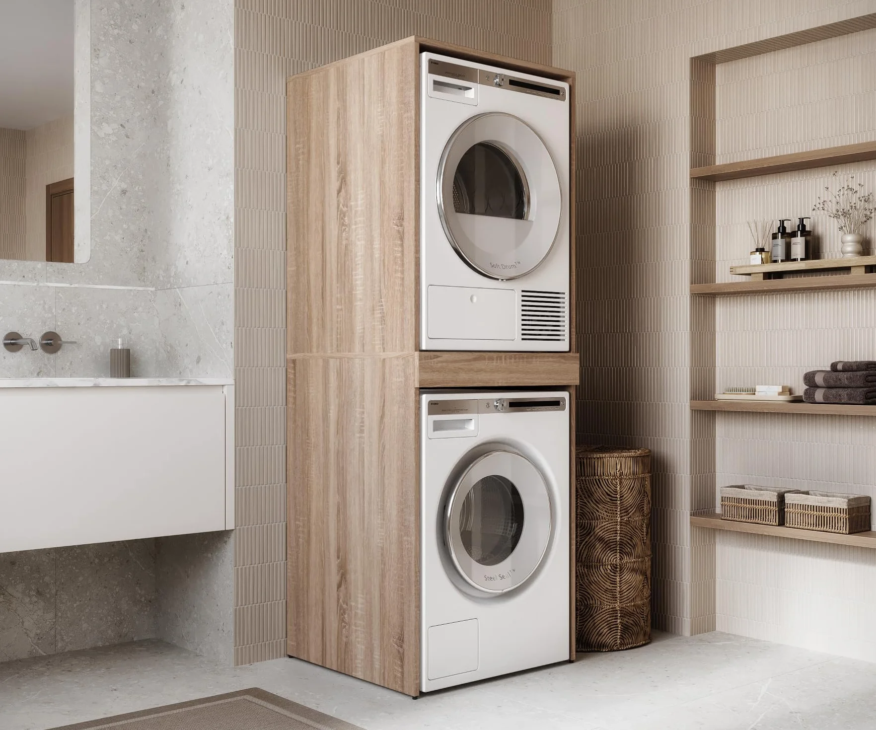 PLATAN ROOM Armoire pour machine à laver et sèche-linge avec plateau coulissant • Meuble pour machine à laver et sèche-linge • Armoire haute 187 x 65 x 66 cm (chêne Sonoma)