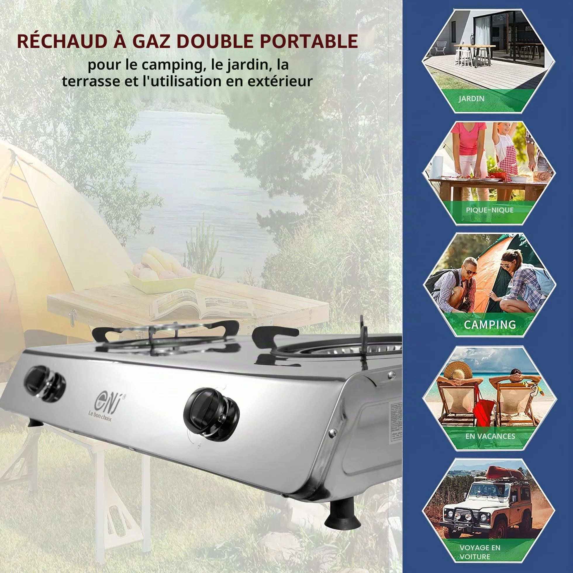 NJ-200 Réchaud à Gaz - 2 Feux Plaque de Cuisson Portable GPL 8.8kW