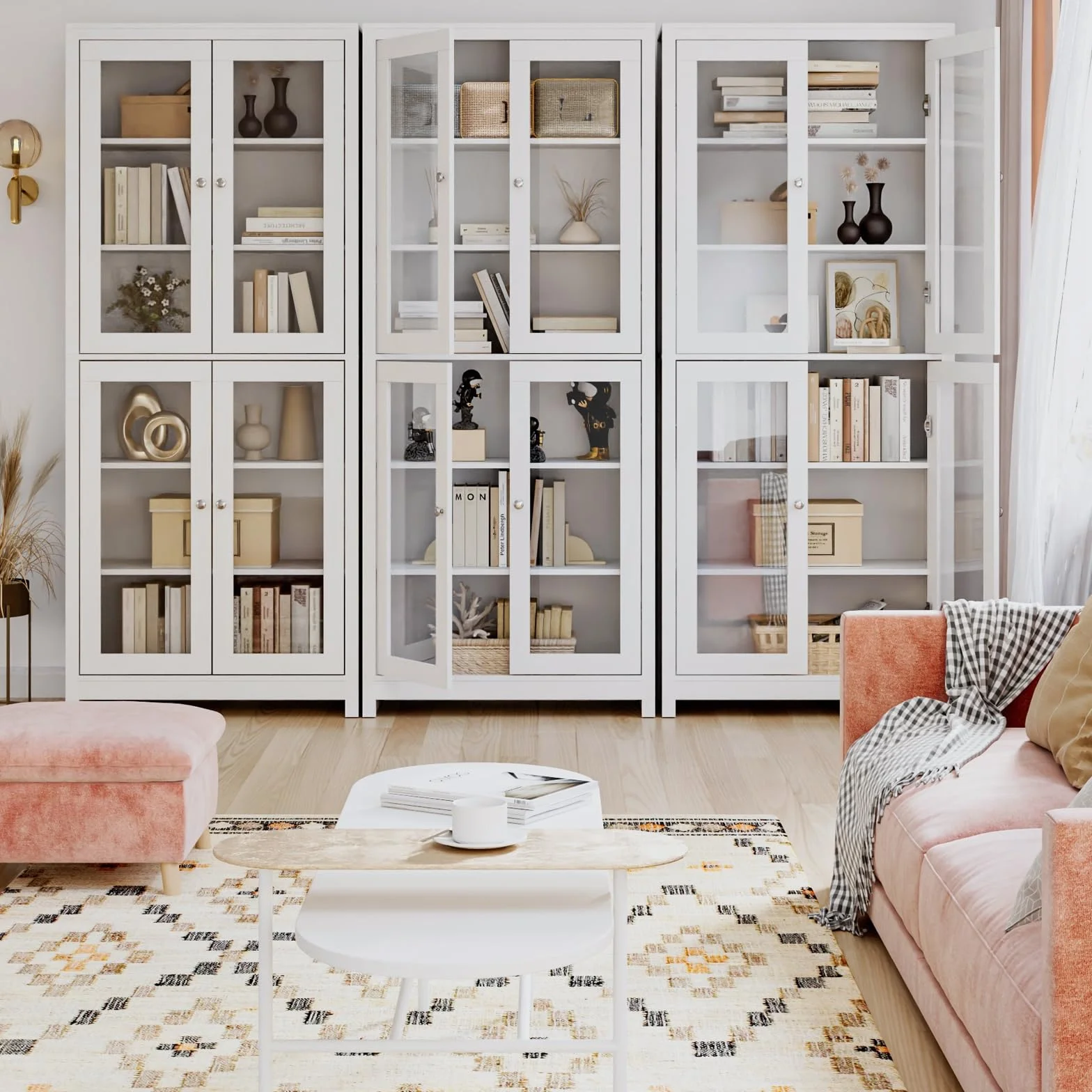 FOREHILL Vitrine en Verre 190cm Armoire Cuisine Haute avec 4 Portes Vitrées Meuble Vitrine Salon Bibliothèque avec 6 étagères de Rangement en Bois Blanc