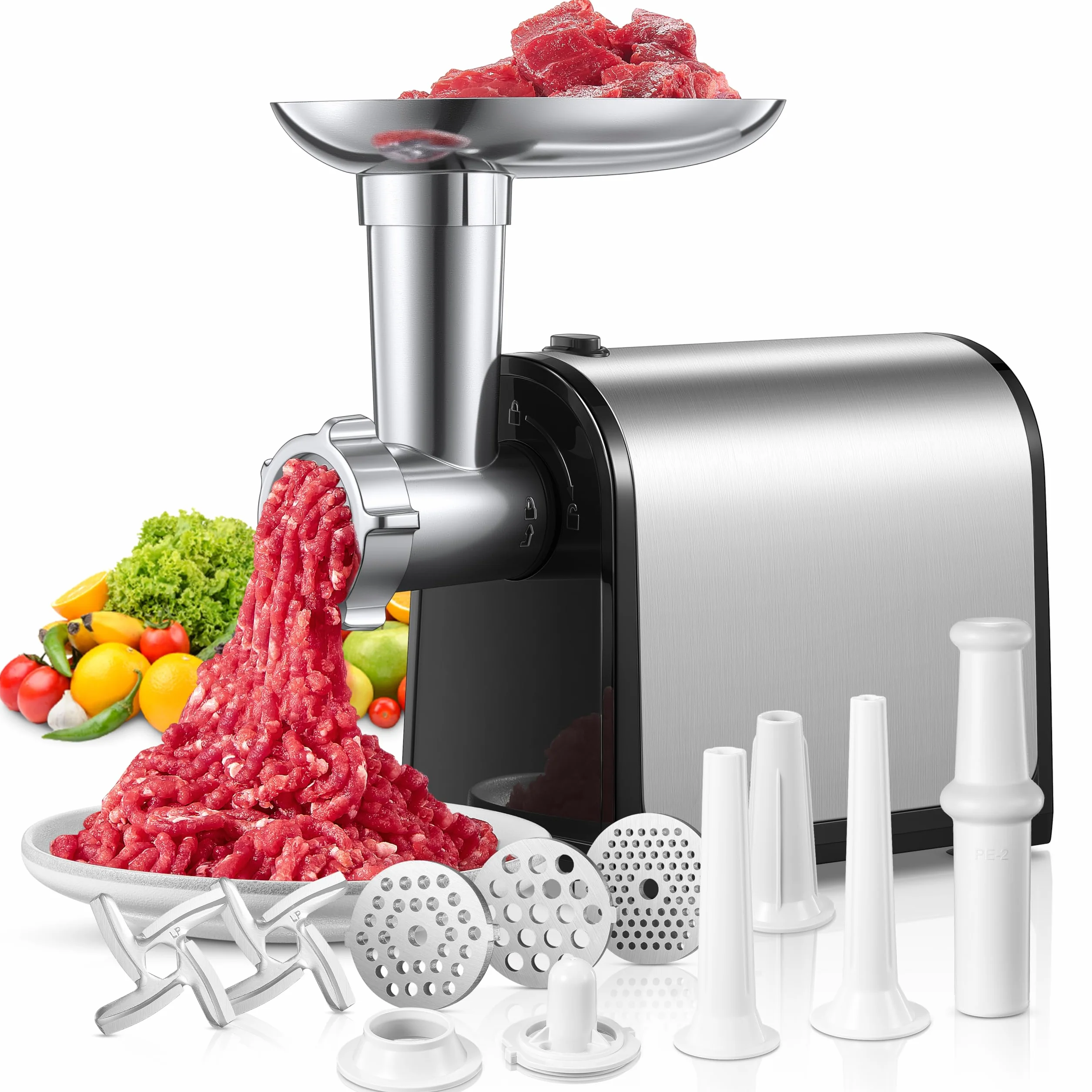 3 en 1 Hachoir à Viande Électrique Professionnel avec 3 Plaques Abrasives en Acier Inoxydable, 1 Kubbe et 3 tubes de Remplissage de Saucisses, 2000W Max