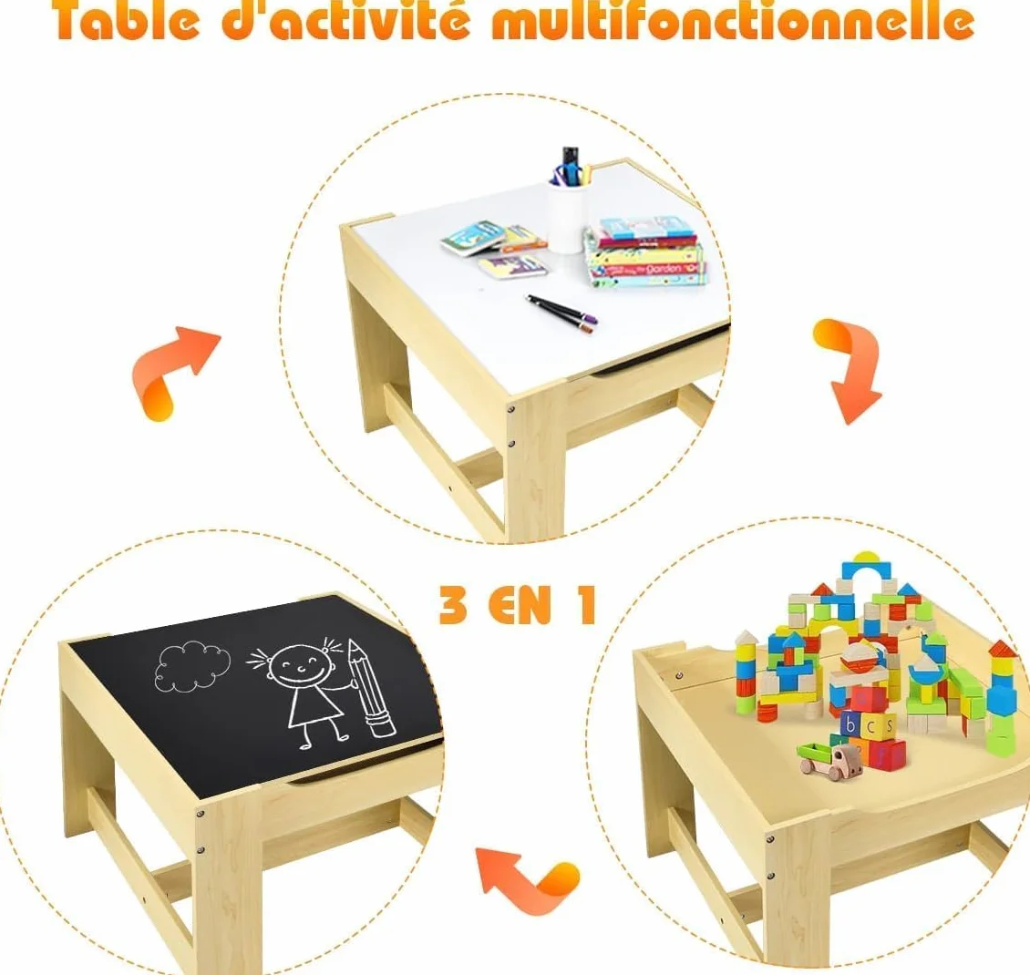 GOPLUS Table Enfant avec 2 Chaises 3-en-1 Petite Table de Dessin Réversible Double Face Tableau Noir Bureau Enfant Polyvalente