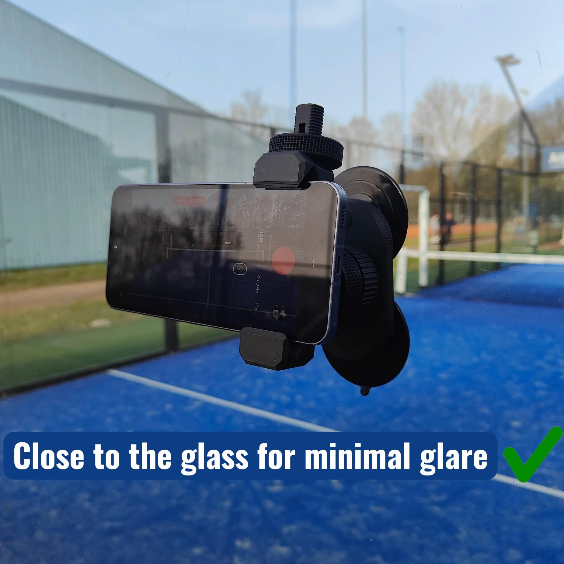 Uchwyt na telefon Padel z wytrzymałą przyssawką - uniwersalny uchwyt na aparat do nagrywania wideo, treningu i mediów społecznościowych - obracany o 360° - kompatybilny z iPhone, Samsung i nie tylko
