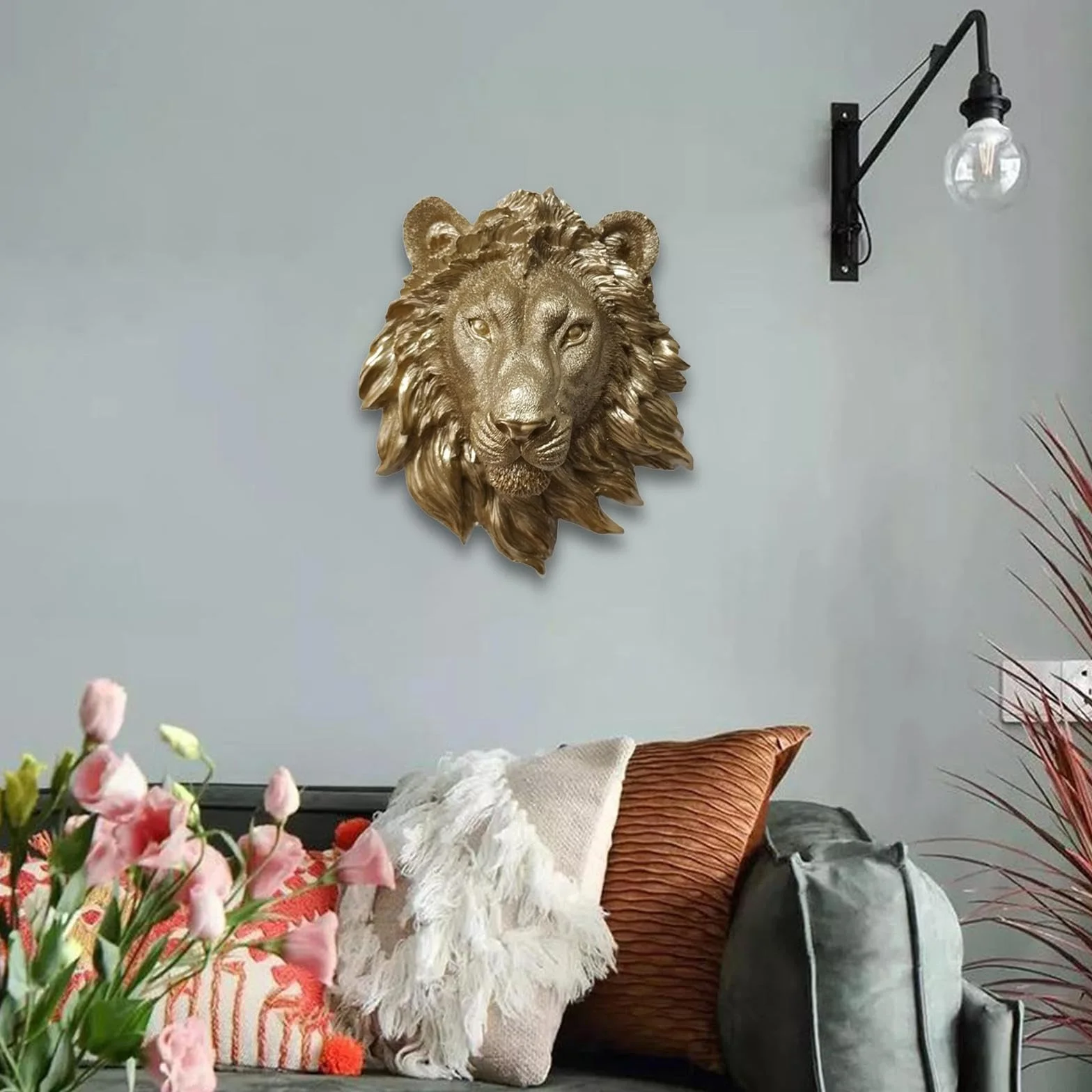 Sharplace Sculpture Murale Résine Tête Animal Lion Artisanat Art Mural Décoration Faite Main