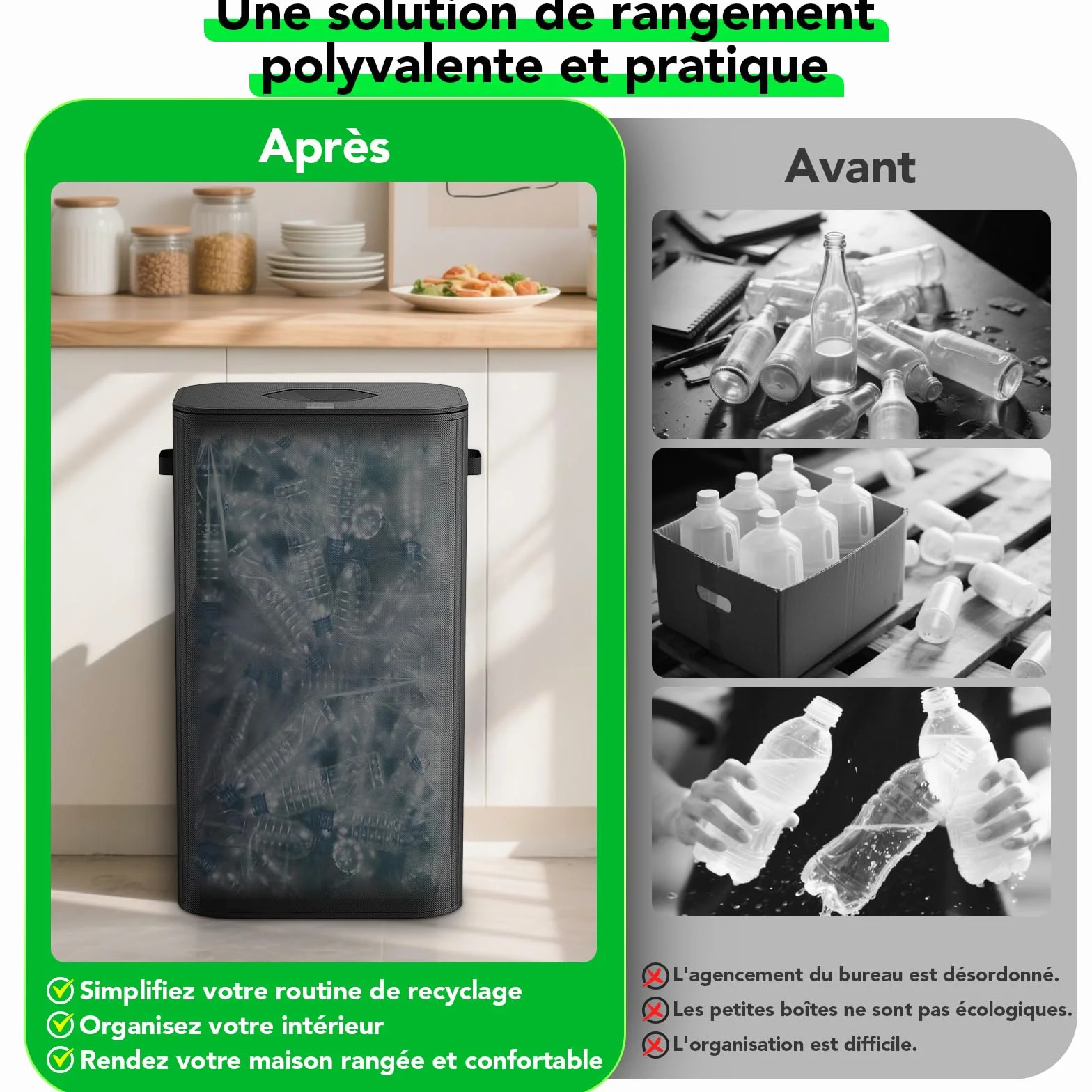 110L Poubelle Tri Selectif Plastique Bouteilles Verre Collecteur avec Couvercle Recyclage