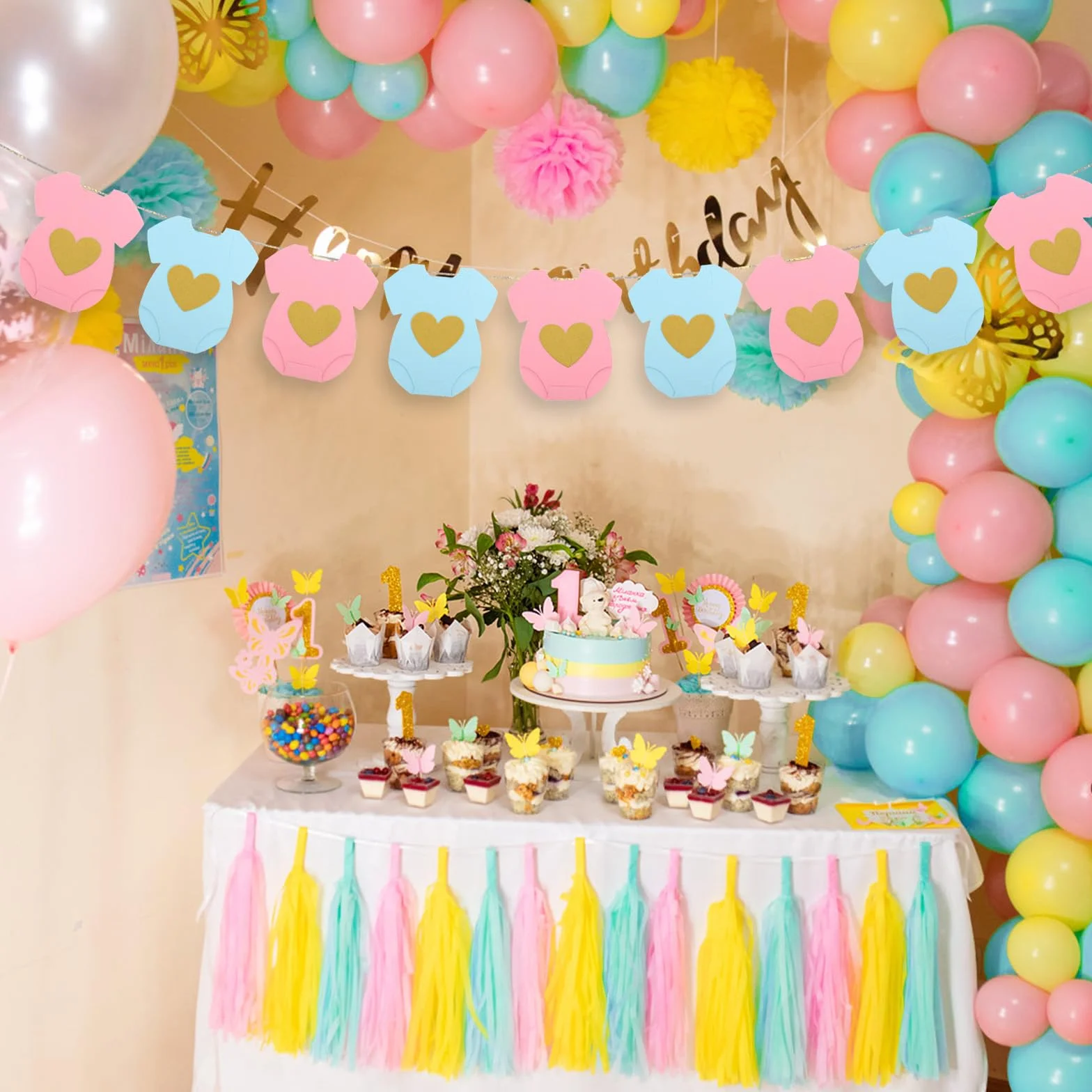 Guirlande Papier Bleu Rose Baby Shower Bannière Révéler Sexe Bébé Décorations Fête Bienvenue Nouveau Né