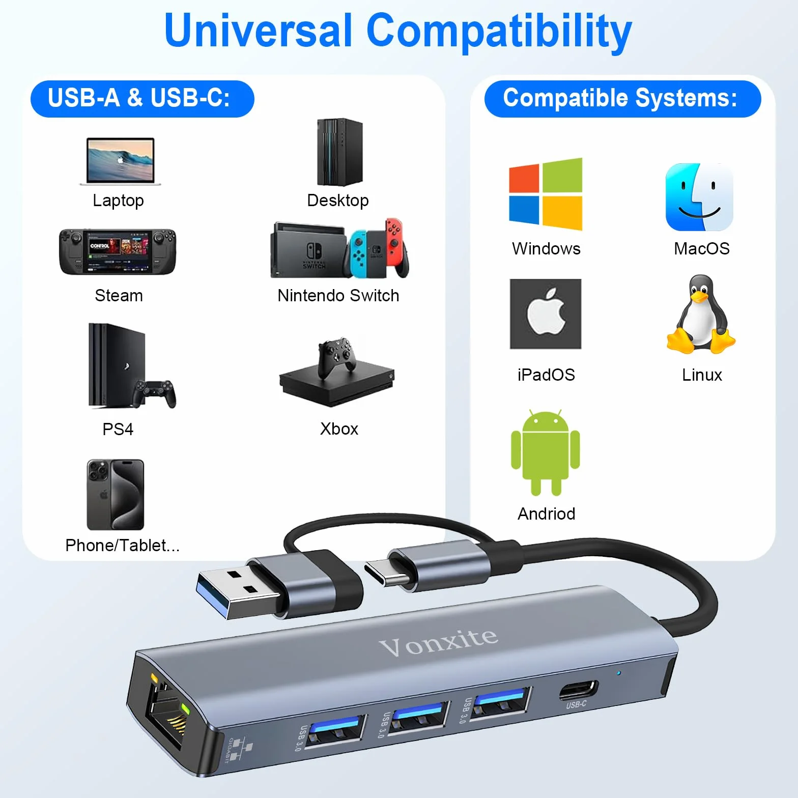 Adaptateur USB Ethernet 5 en 1 Type-C vers RJ45 Gigabit 1000 Mbps HUB LAN 3 Ports USB 3.0