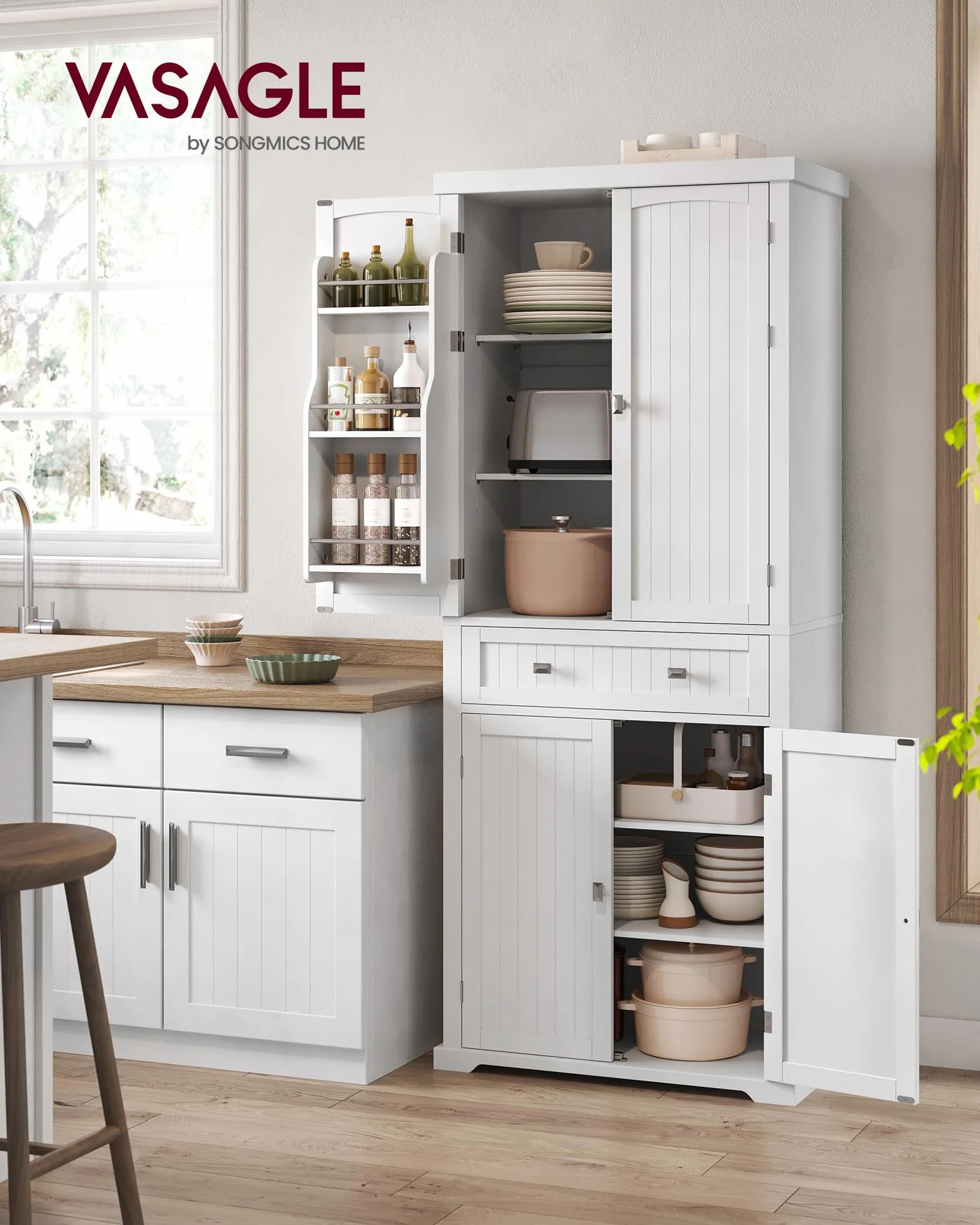 VASAGLE Buffet Haut Cuisine, Meuble de Rangement, Armoire, Vaisselier, Hauteur 182,1 cm, avec Tiroir, Placards, Étagères Réglables, pour Salon, Cuisine, Blanc BBC561W21