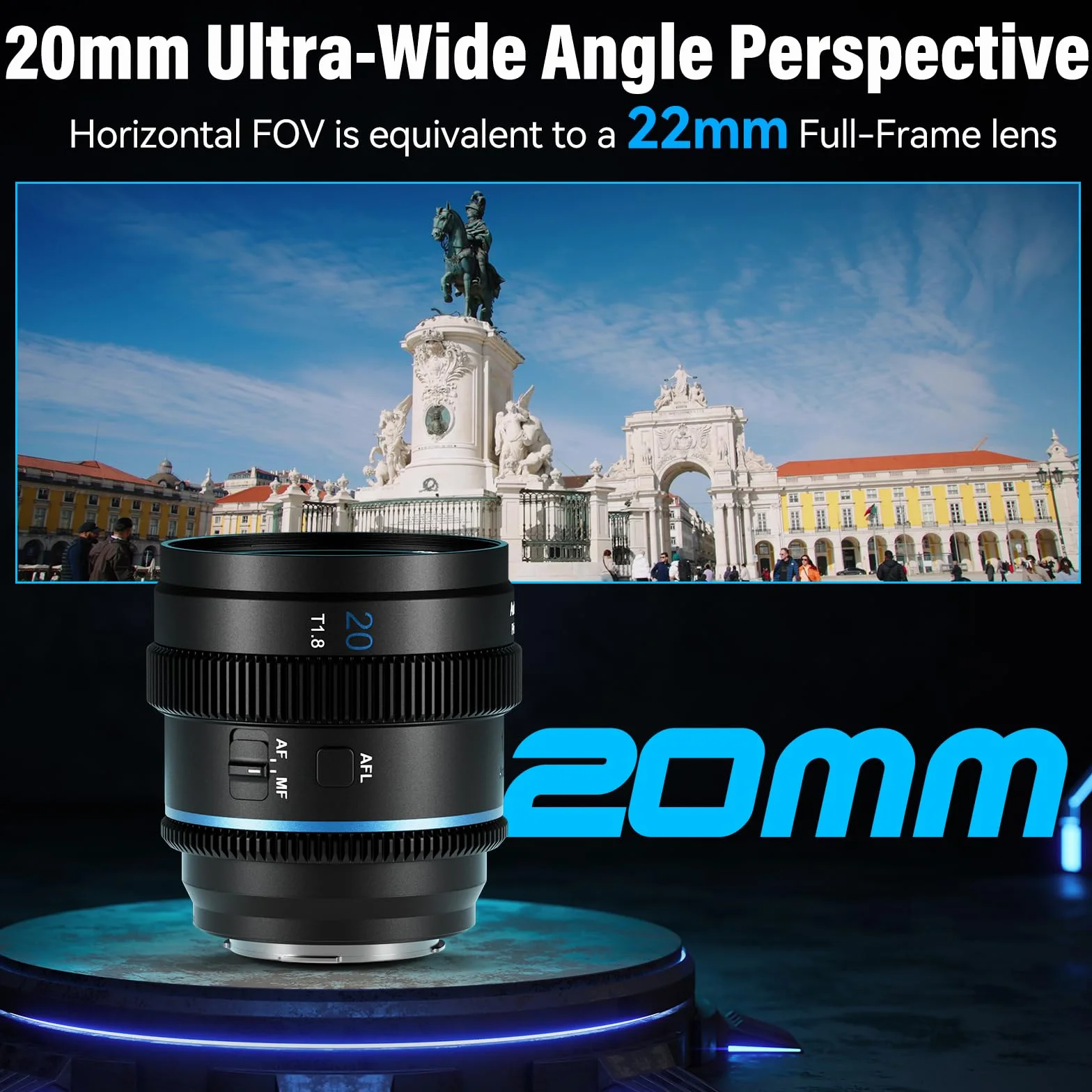 Obiektyw anamorficzny SIRUI 20mm T1.8 1.33X, format S35, automatyczne ustawianie ostrości dla kamer z mocowaniem E, A6400, A6700, FX3/30, seria ZV-E, seria A7, A9/9II (mocowanie E, niebieska poświata)