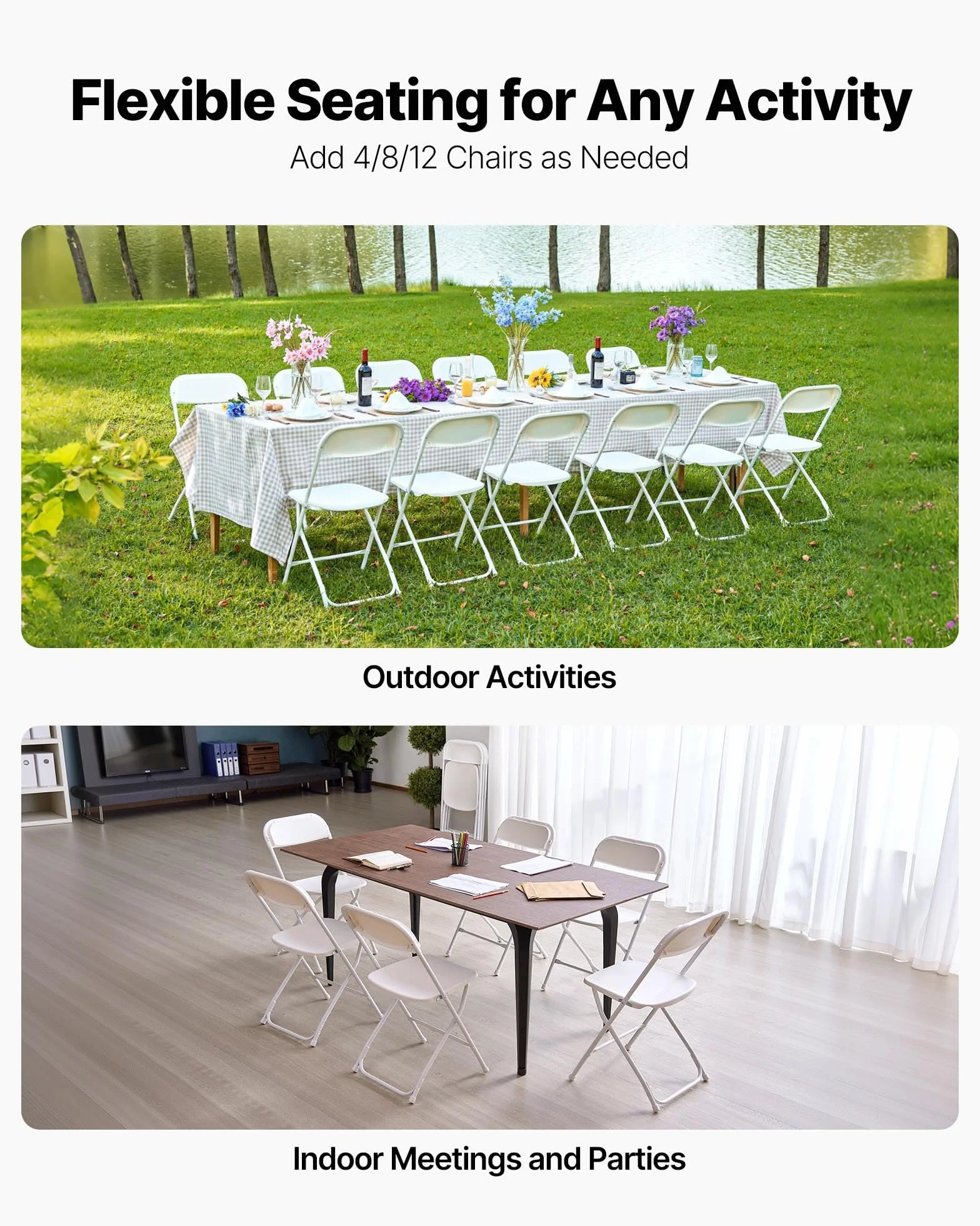 VEVOR Lot de 4 Chaises Pliantes Portables, Chaise de Salle à Manger en Plastique avec Cadre en Métal, Sièges Empilables pour Intérieur et Extérieur, Maison, Cour, Jardin, Fêtes, Événements, Blanc