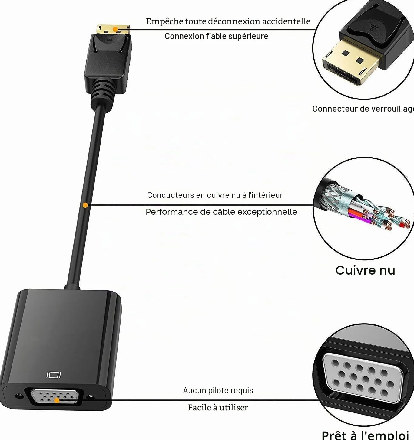 Adaptateur HDMI plaqué or vers VGA mâle femelle pour PC moniteur projecteur HDTV