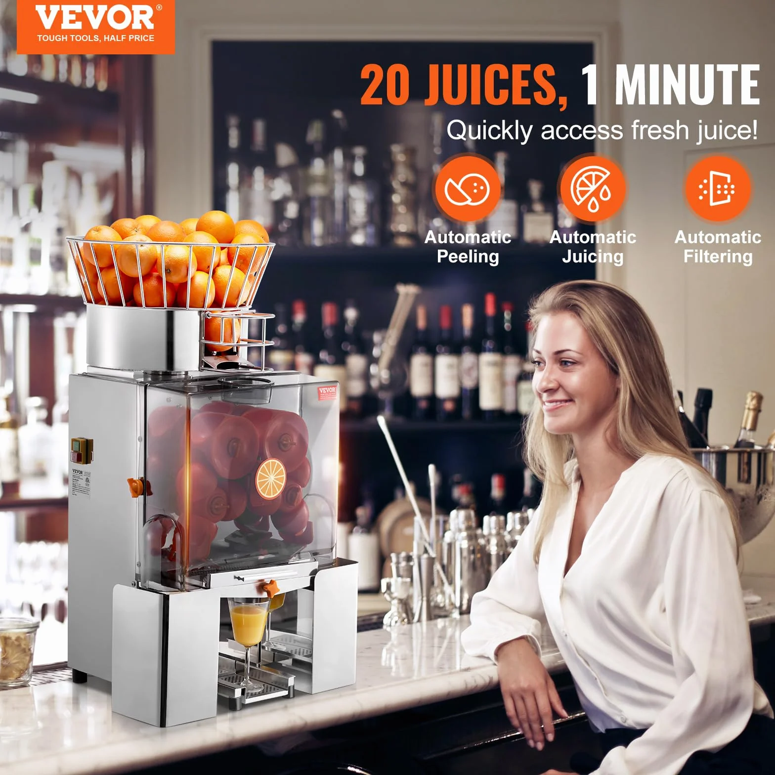 VEVOR Presse-Agrumes Électrique Commercial 120 W Extracteur de Jus Automatique 25 Oranges/min avec Filtre Extractible et Seau de Collecte d'Épluchure pour Orange Pamplemousse Restaurant Café Fruiterie