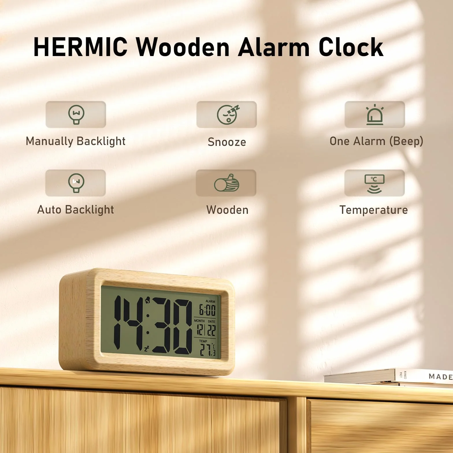 Réveil Numérique en Bois avec Grand Écran LCD, Rétroéclairage, Date, Température, Capteur de Lumière, Snooze, 3 Piles AAA Incluses