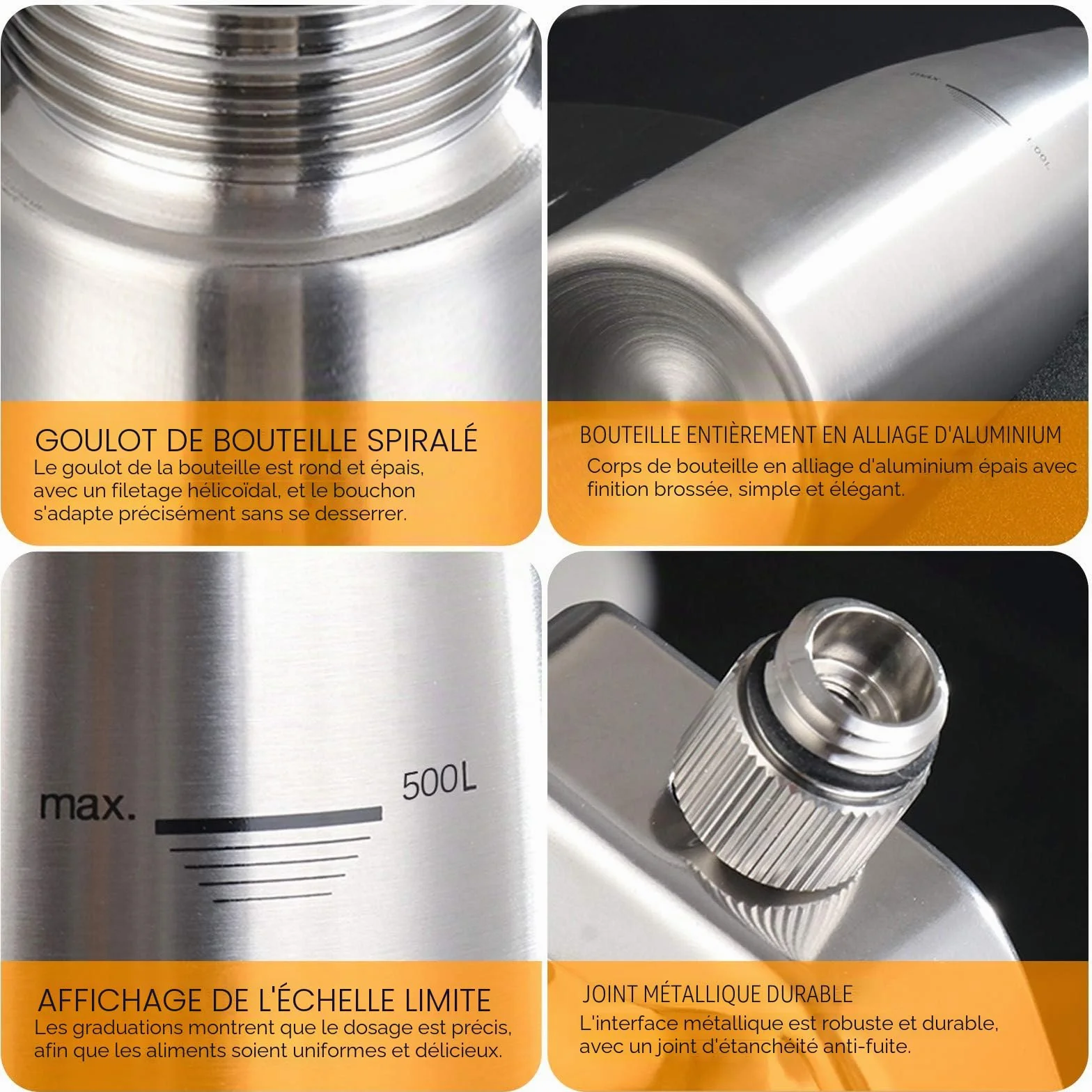 Siphon à Chantilly Professionnel 500ml avec 3 Douilles Inox Aluminium pour Mousses et Crèmes