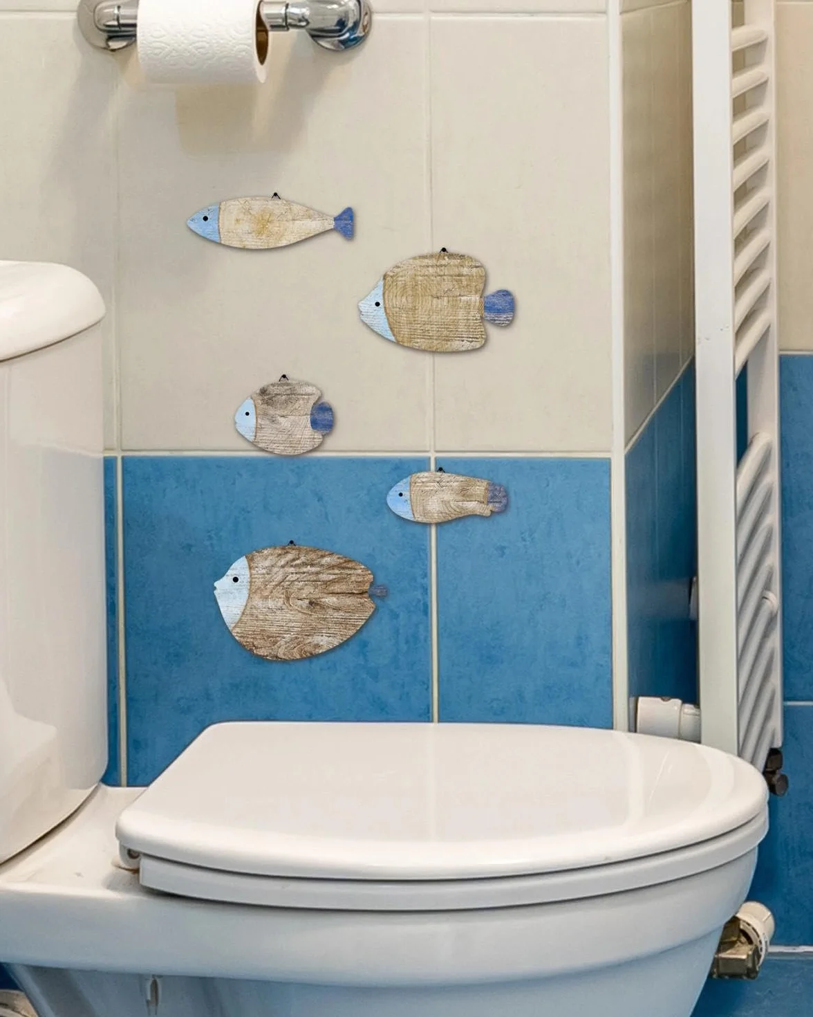 Décoration Murale Poissons Bois, Lot de 5 Silhouettes Style Bord de Mer, Teintes Bleu Naturel, Déco Marine Maison