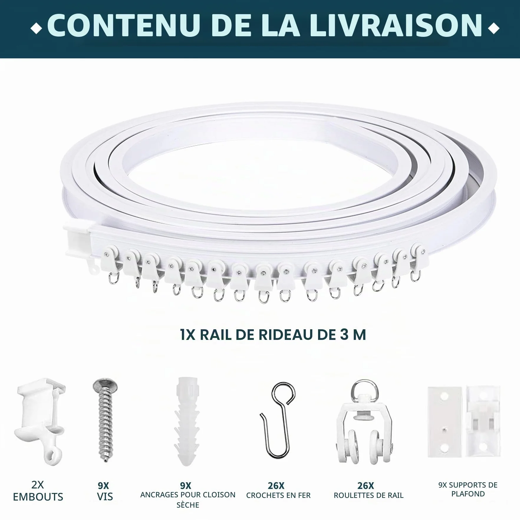 Rail Rideaux Plafond Flexible Courbé PVC Acier Inoxydable 3 M Blanc
