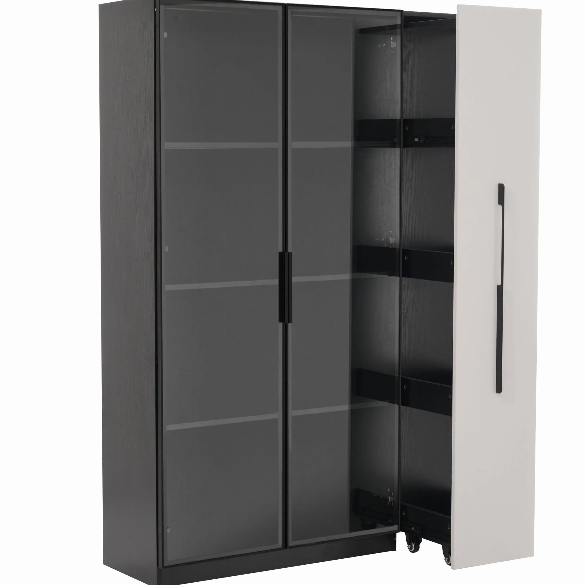 Merax Armoire multifonction 110,5 × 35 × 160 cm, vitrine avec LED, extension latérale, armoire à roulettes, bibliothèque, armoire de salle de bain, pour salon, bureau, salle à manger, noir et blanc
