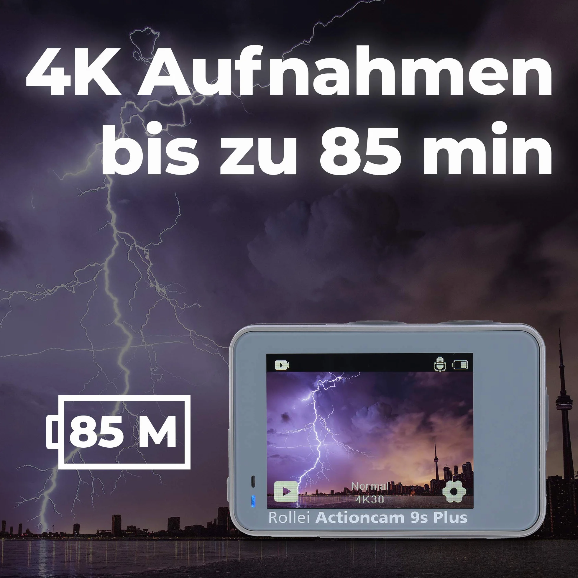 Rollei Kamera podwodna Action Cam 9s Plus I 4K 60fps z wyświetlaczem selfie, stabilizacją obrazu, poklatkiem, zwolnionym tempem, funkcją pętli I wodoodporna do 10m, 65,5 x 43,8 x 26,5 mm