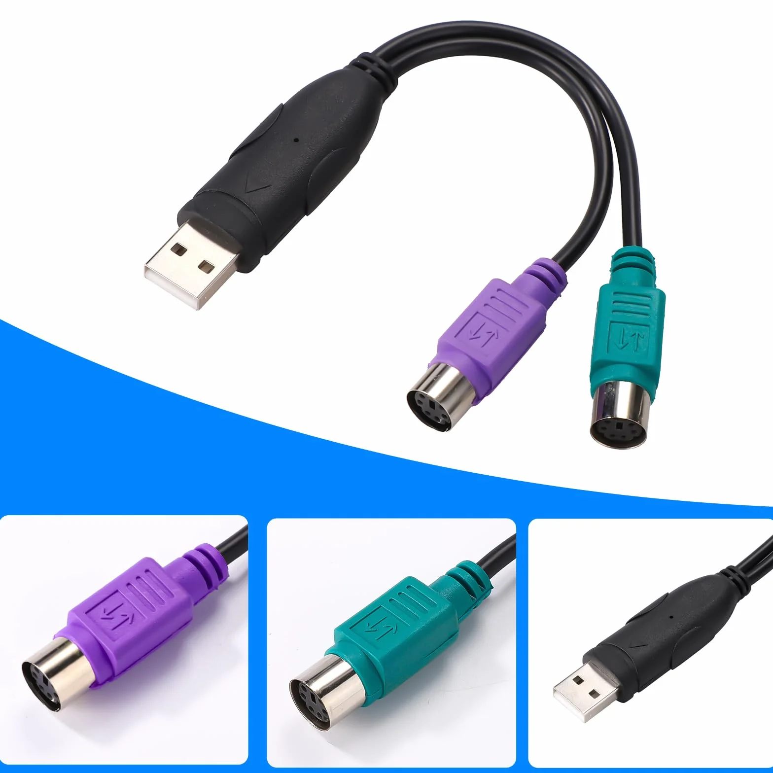 Adaptateur PS2 Vers USB 18,9cm Convertisseur Clavier Souris PS/2 vers USB Ports Violet Vert