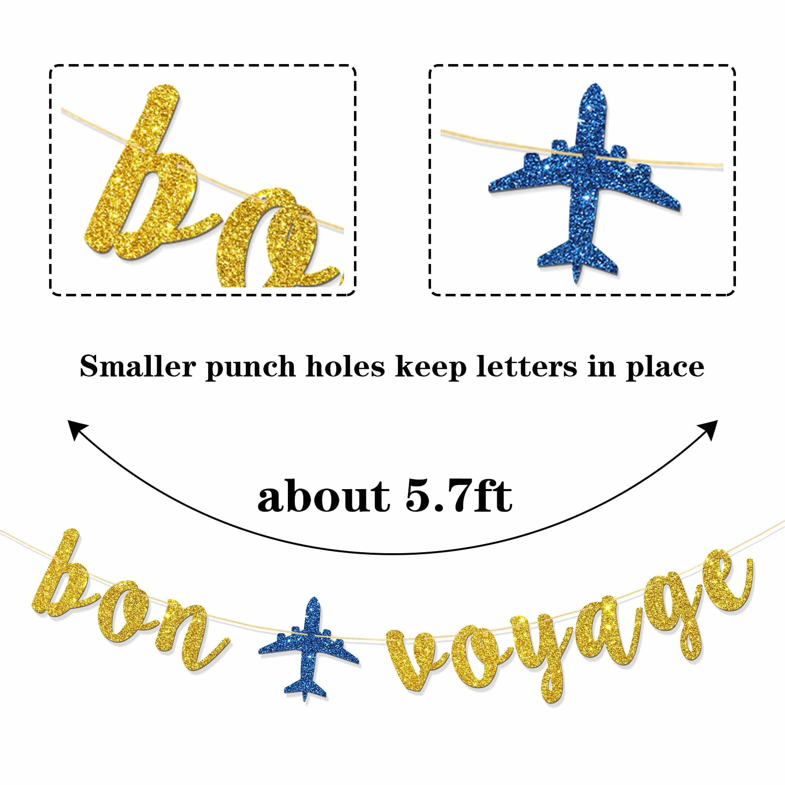 Bannière Bon Voyage – Banderole de fanions de fête sur le thème du voyage – Paillettes dorées