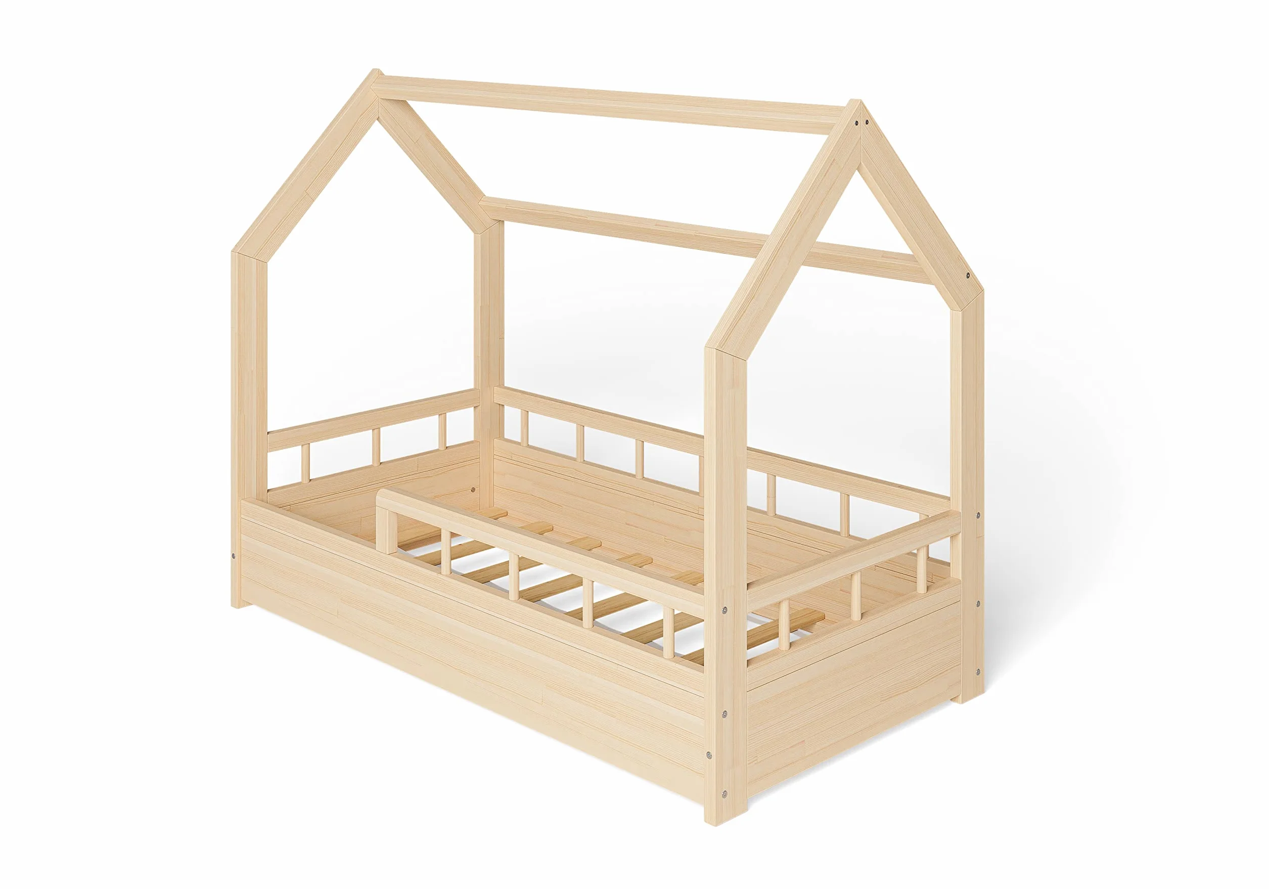 MS FACTORY Lit Enfant Bébé Maison 70x140 cm - Lit en Massif Cabane avec Protection Anti-retombée, Barrière Sécurité - Style Scandinave Montessori - Bois Demi-barrières