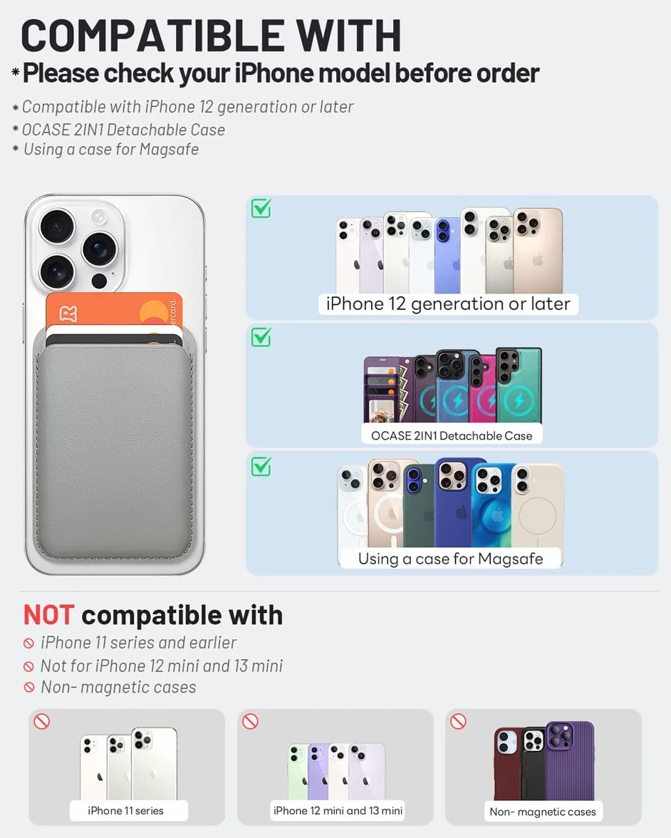 OCASE Magnetyczny portfel z regulowaną podstawką, 3 uchwyty na karty, do serii Kompatybilne z iPhone 16/15/14/13/12, Ultra Slim Nie do iPhone'a Mini Skóra Premium, Szary