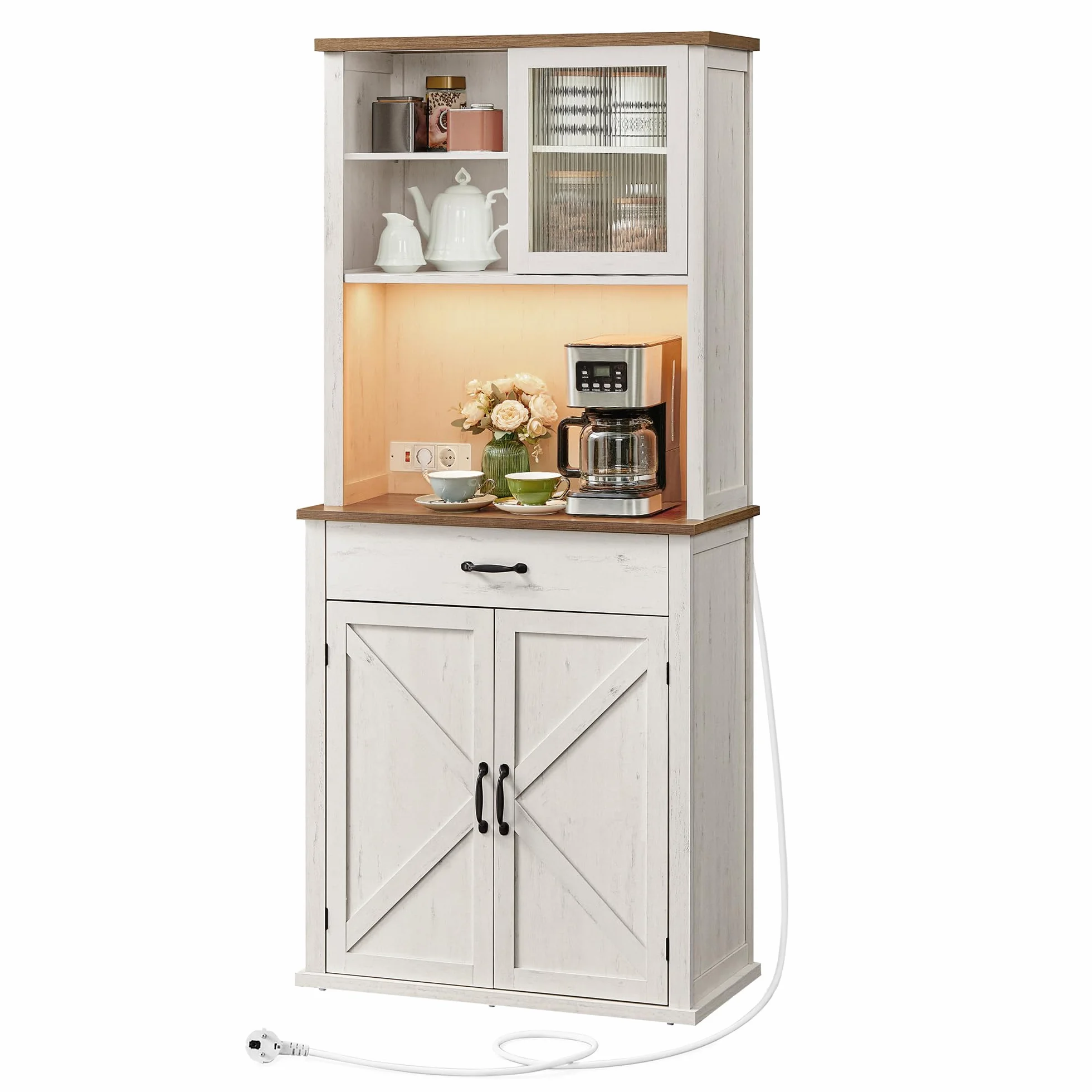 VASAGLE Meuble de Rangement avec Lumières et Chargeur, Placard de Cuisine, avec Portes et Tiroirs, 39,5 x 80,4 x 180,6 cm, Étagères Réglables, Style Campagne, Blanc Rustique et Marron Miel BBK363W22V1