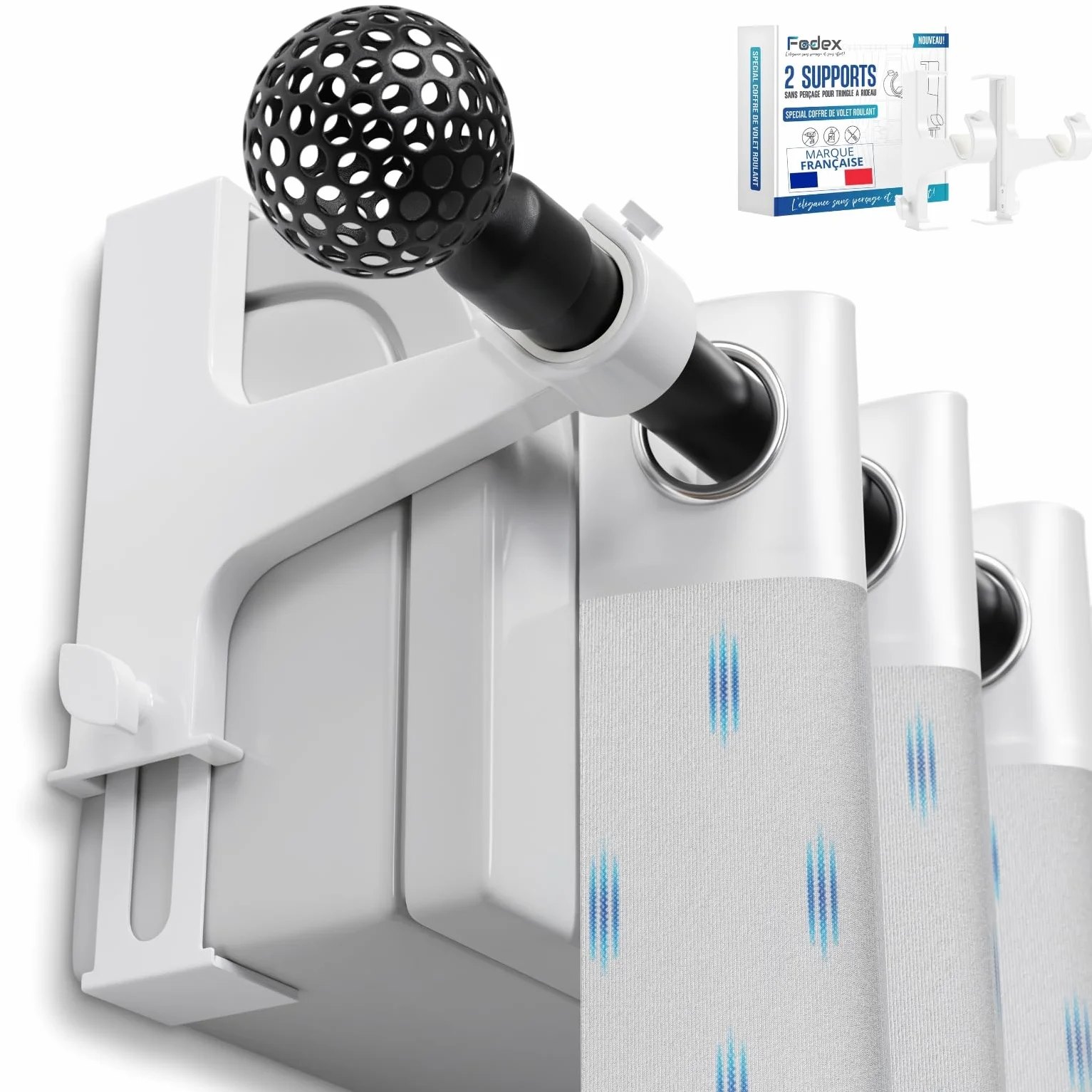 FODEX Ensemble de 2 Supports pour Tringle à Rideaux Sans Perçage, Métal, Ø16-28mm, Coffre Volet Roulant, Blanc