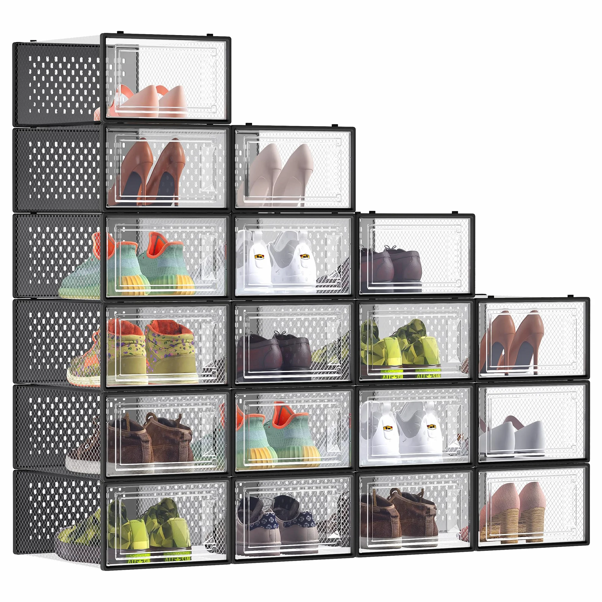 SONGMICS Boîtes à Chaussures Plastique Pliables Empilables Lot de 18 Transparent Noir LSP066B18