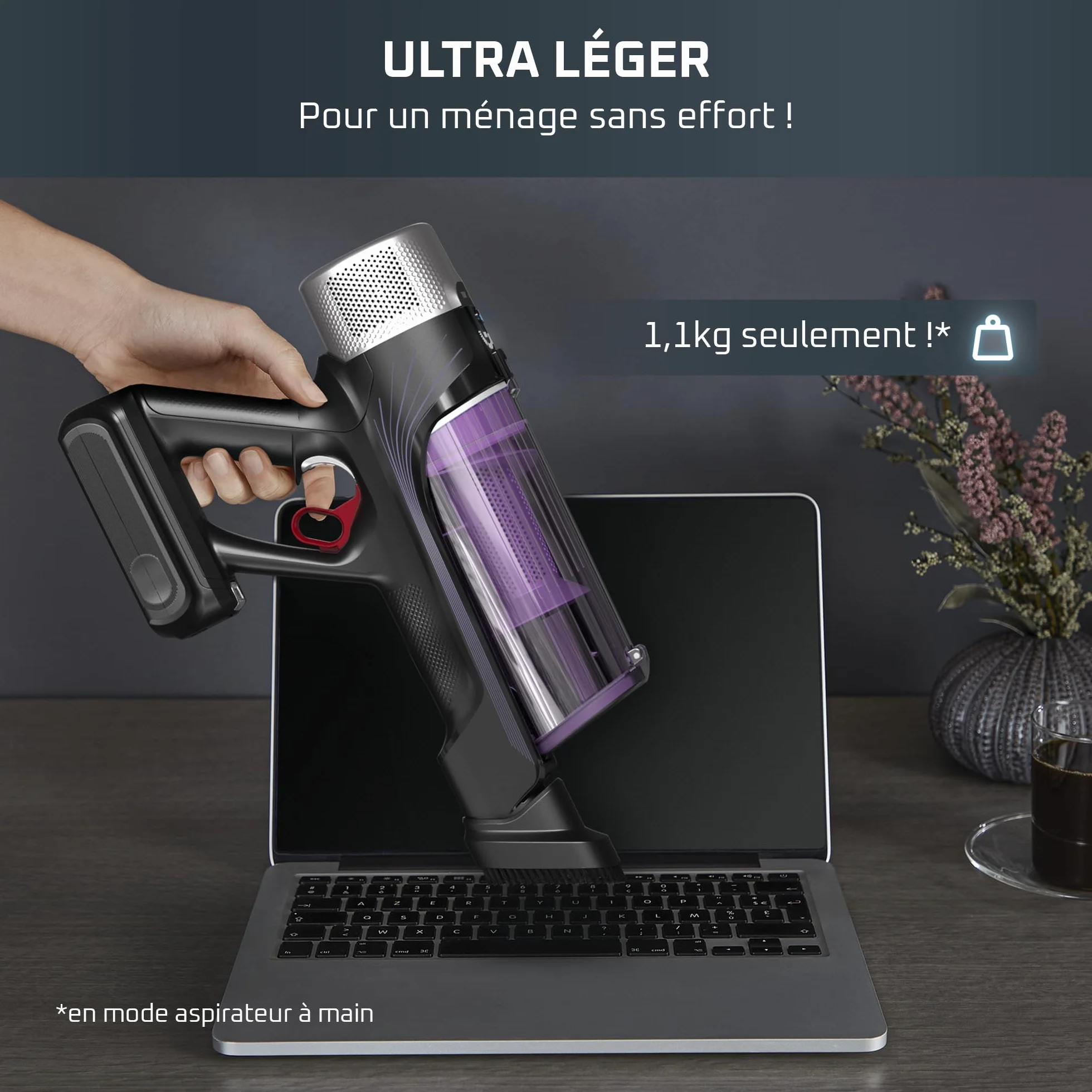 Rowenta X-Force Flex 9.60 Allergie Aspirateur balai sans fil, Filtration Anti-Allergènes, Puissant 100AW, Ultra Léger, Autonomie 45min RH2038WO, Noir / Violet