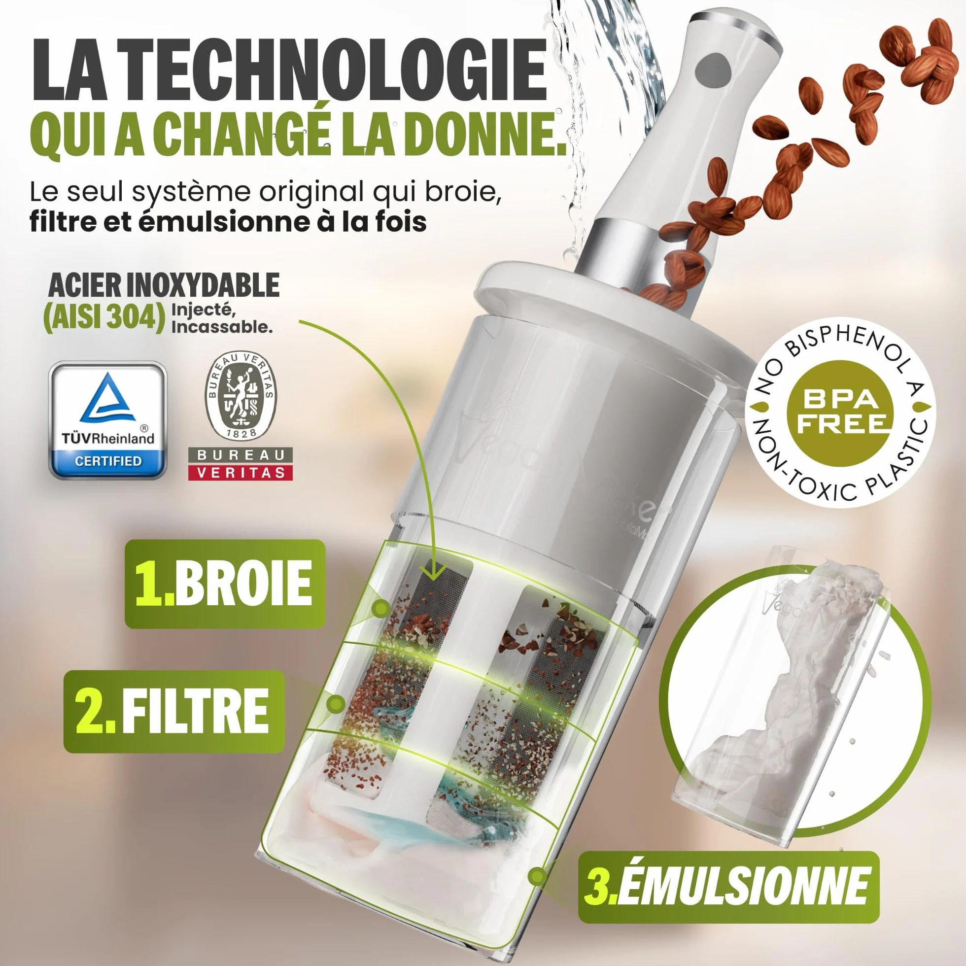 Vegan Milker Filtre Passoire Multifonction – Machine à Lait Végétal Maison Avoine, Amande, Soja | 1L en 1 Minute 100% Naturel avec Filtre | Compatible Mixeur | Ebook Recettes Inclus | Classic Blanc
